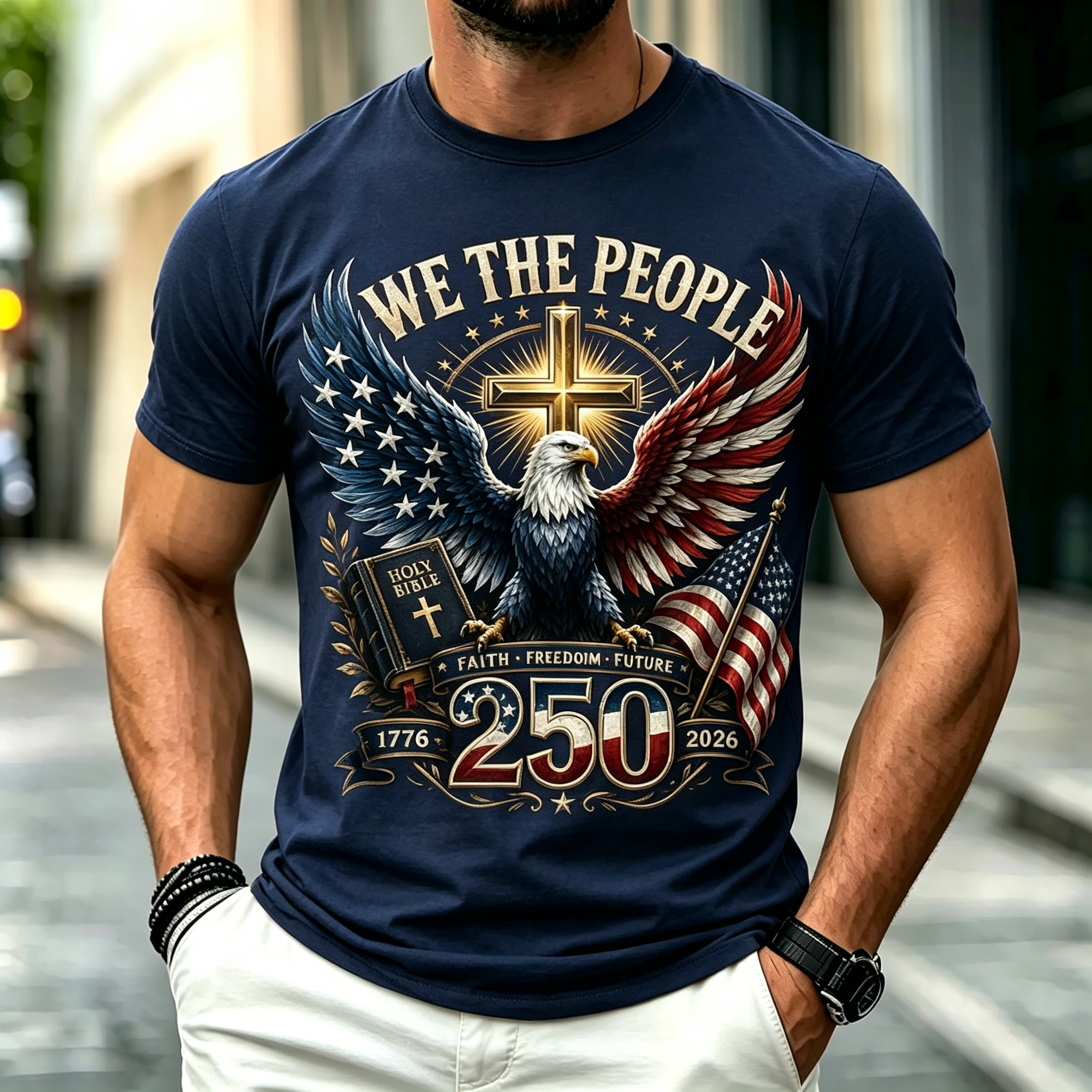 Men We The People Eagle Cross Holy Bible USA Flag 250 Years Short Sleeve T-Shirt