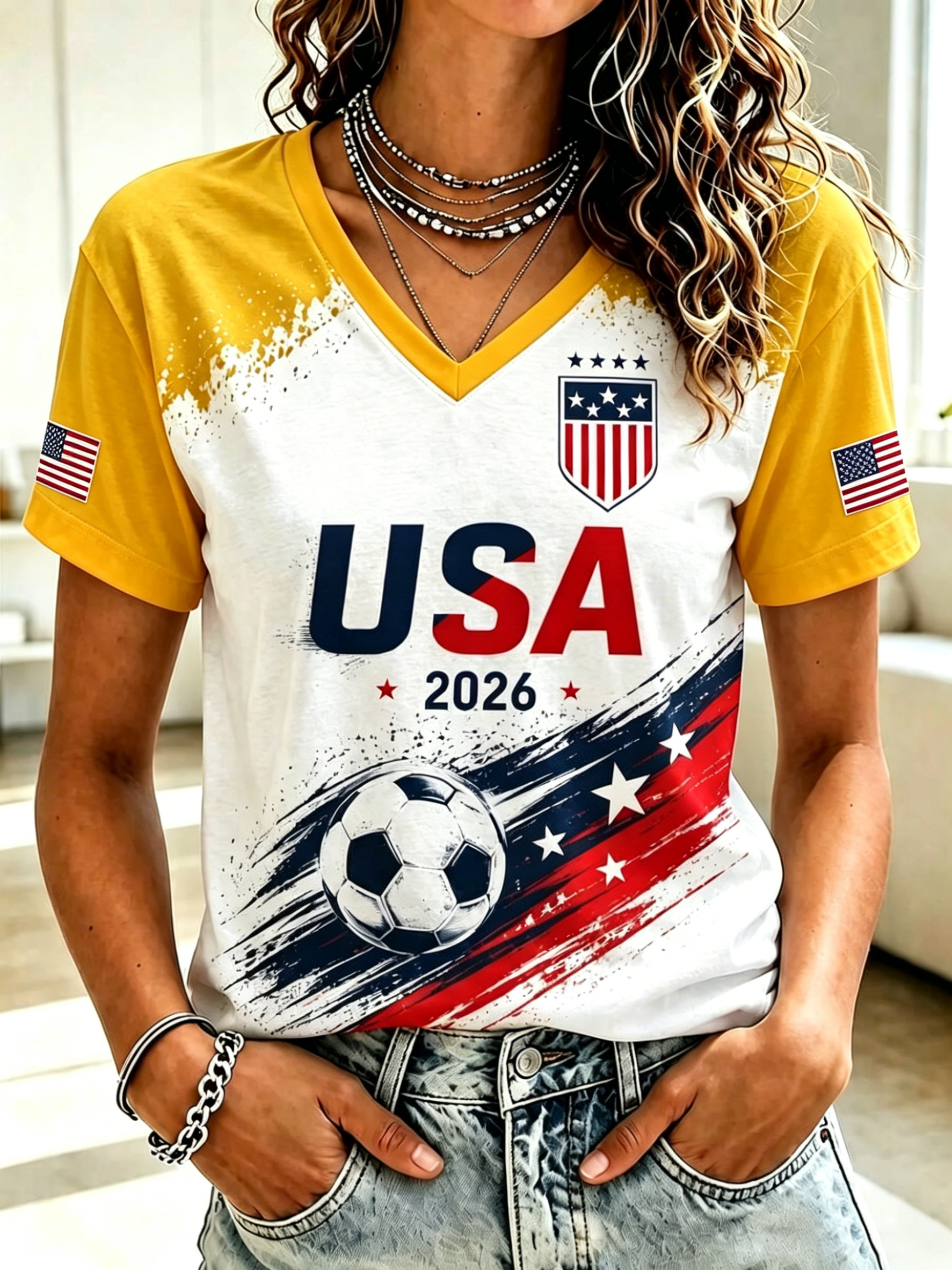2026 World Cup USA Football Fan Raglan Sleeve V Neck Casual Tee