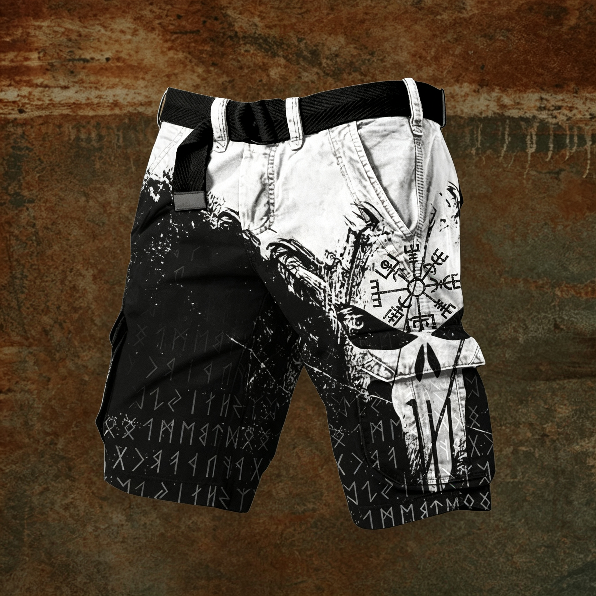 Norse Rune Vegvisir Skull Print Men's Belted Cargo Shorts