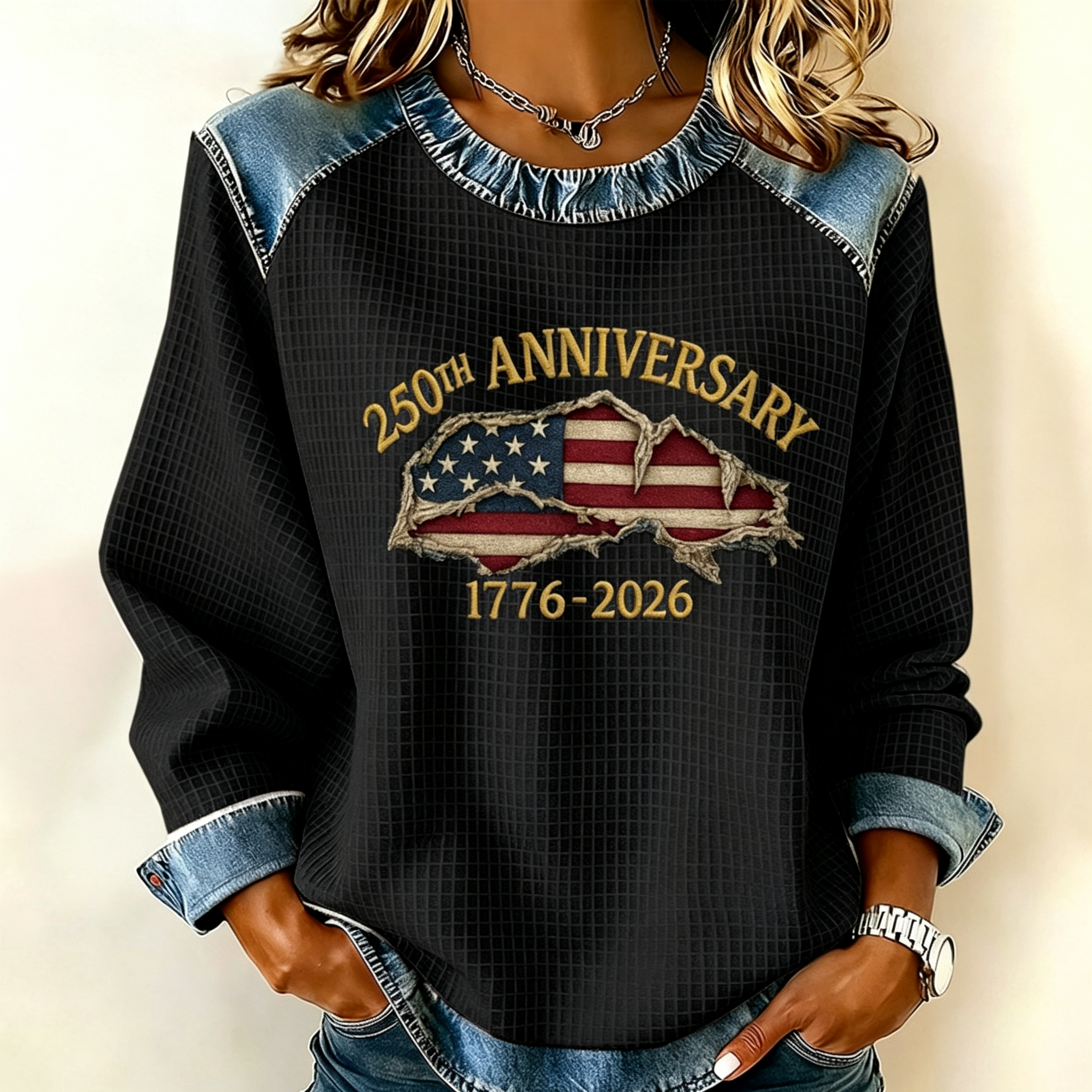 Vintage Distressed American Flag Ruffle Neck Raglan Sweatshirt