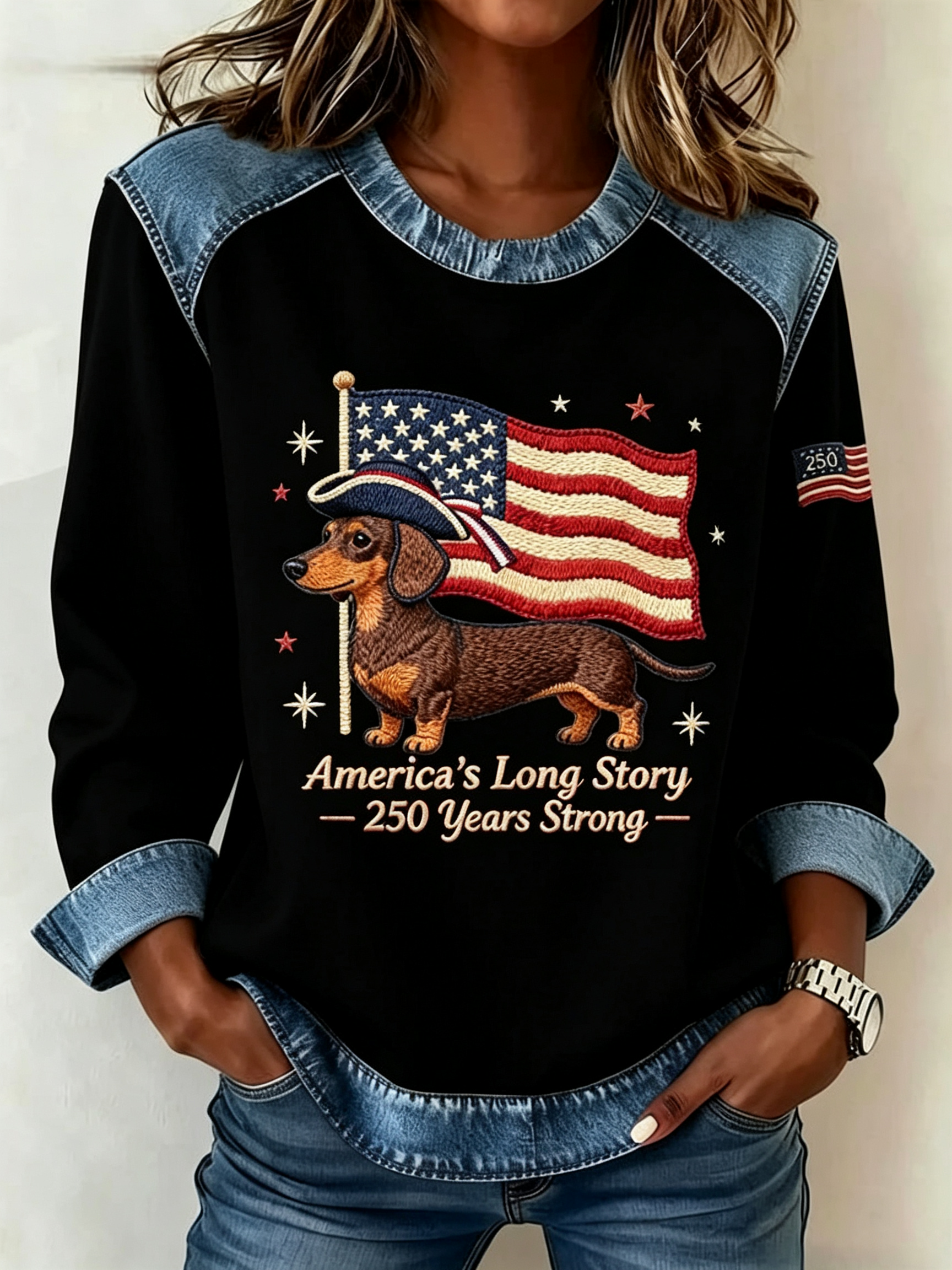 [Copy]Vintage Floral USA Star Print Denim Patch Shoulder Long Sleeve Blouse