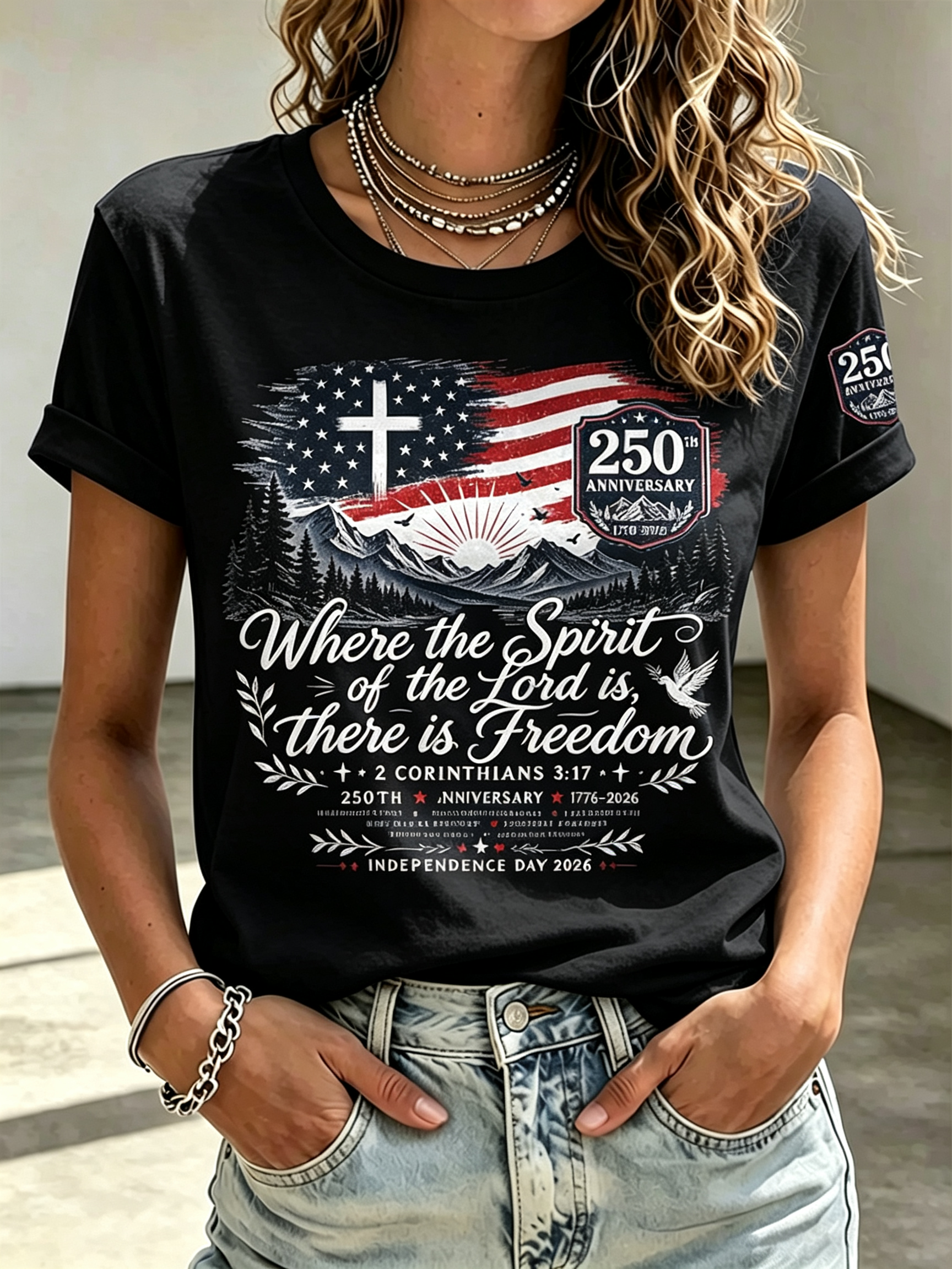 Retro Mountain Dove Cross Patriotic 1776-2026 Short Sleeve Top with Sleeve Patch Detail