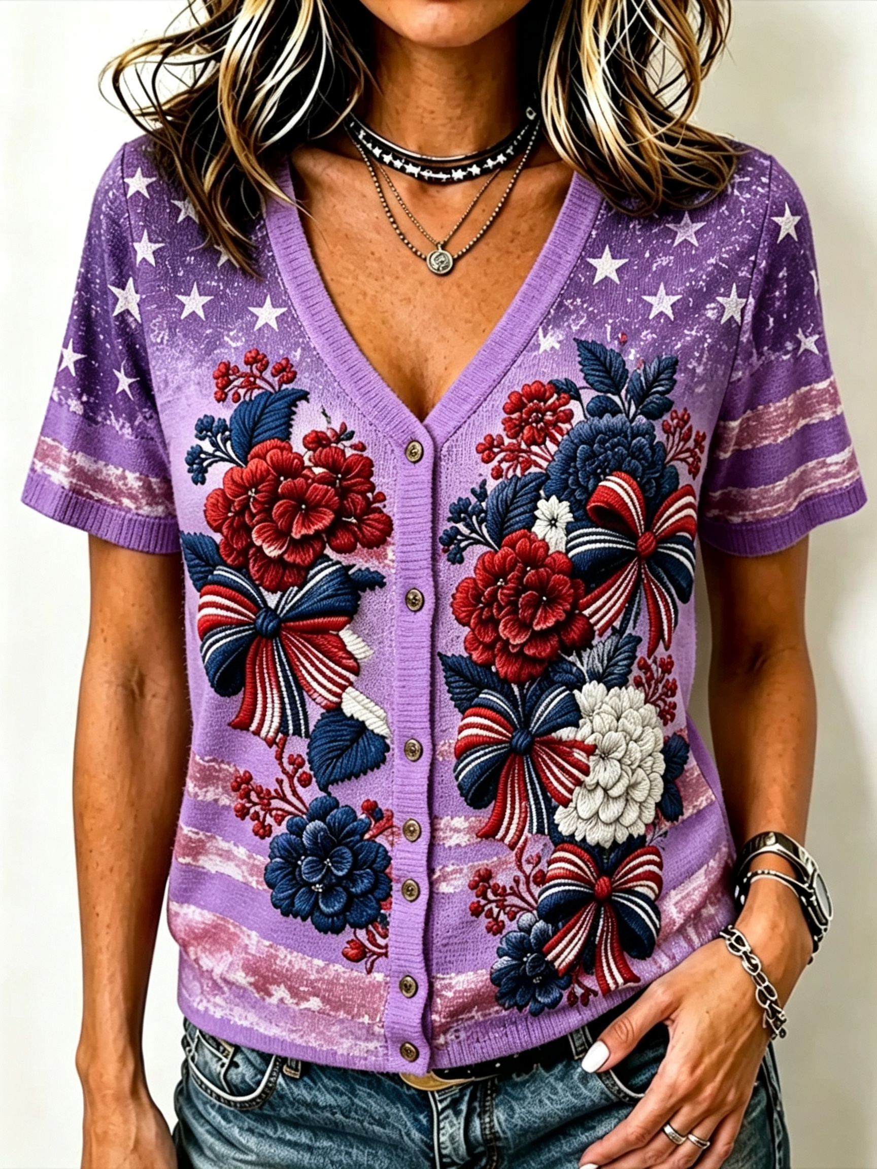 Women's Star Stripe Floral Bow Print V-Neck Short Sleeve Knit Cardigan