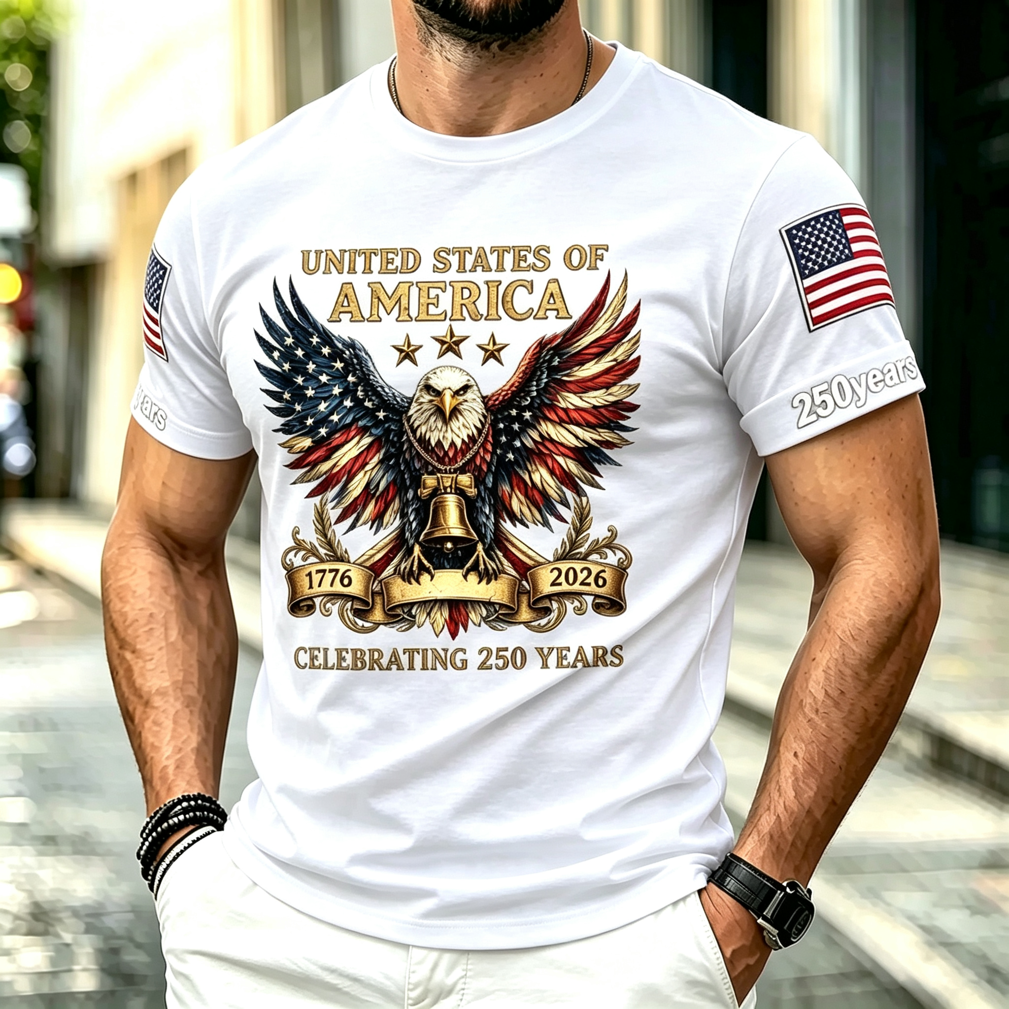 Retro Patriotic Eagle Wing American Flag Sleeve Print Men's Casual Short Sleeve Top
