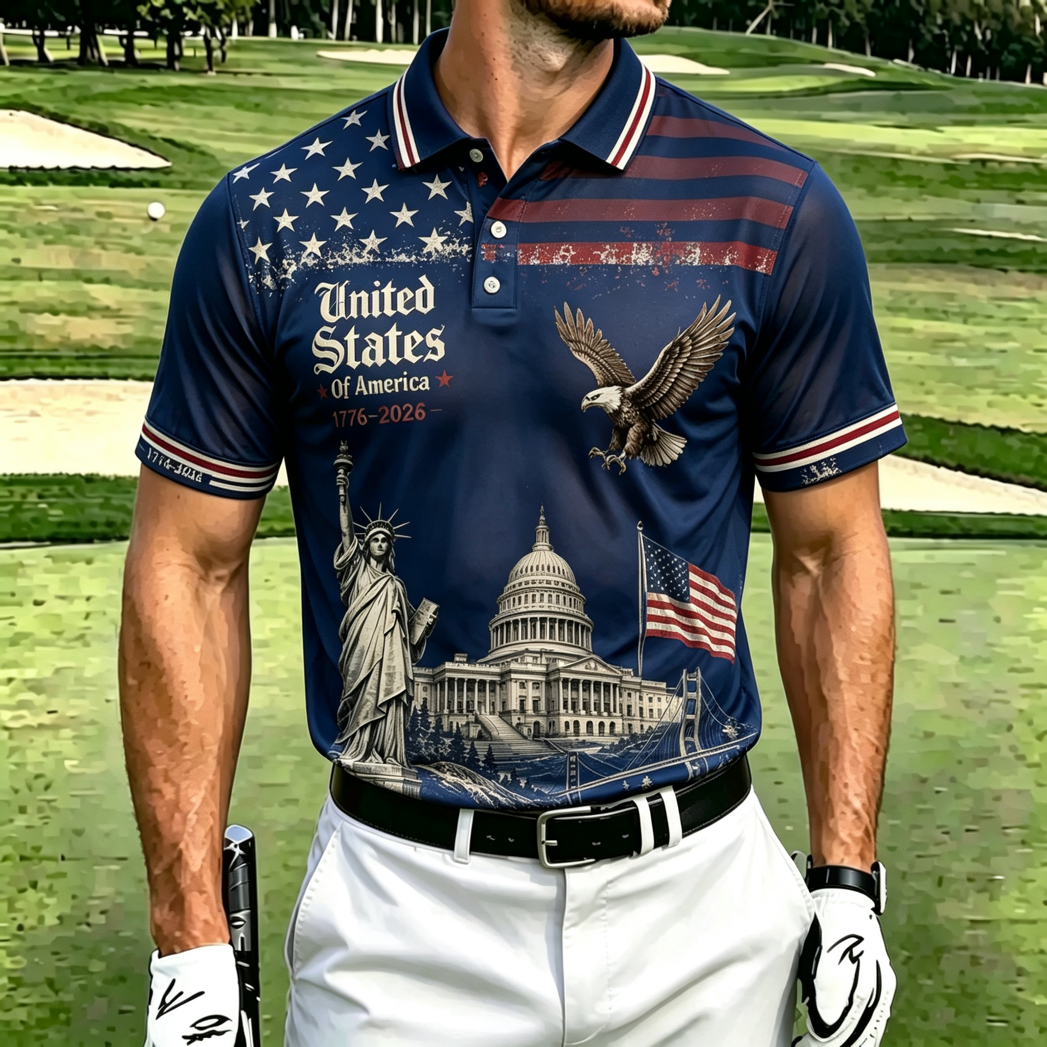 Men's Vintage USA Landmark Eagle Star Stripe Print Short Sleeve Polo Shirt