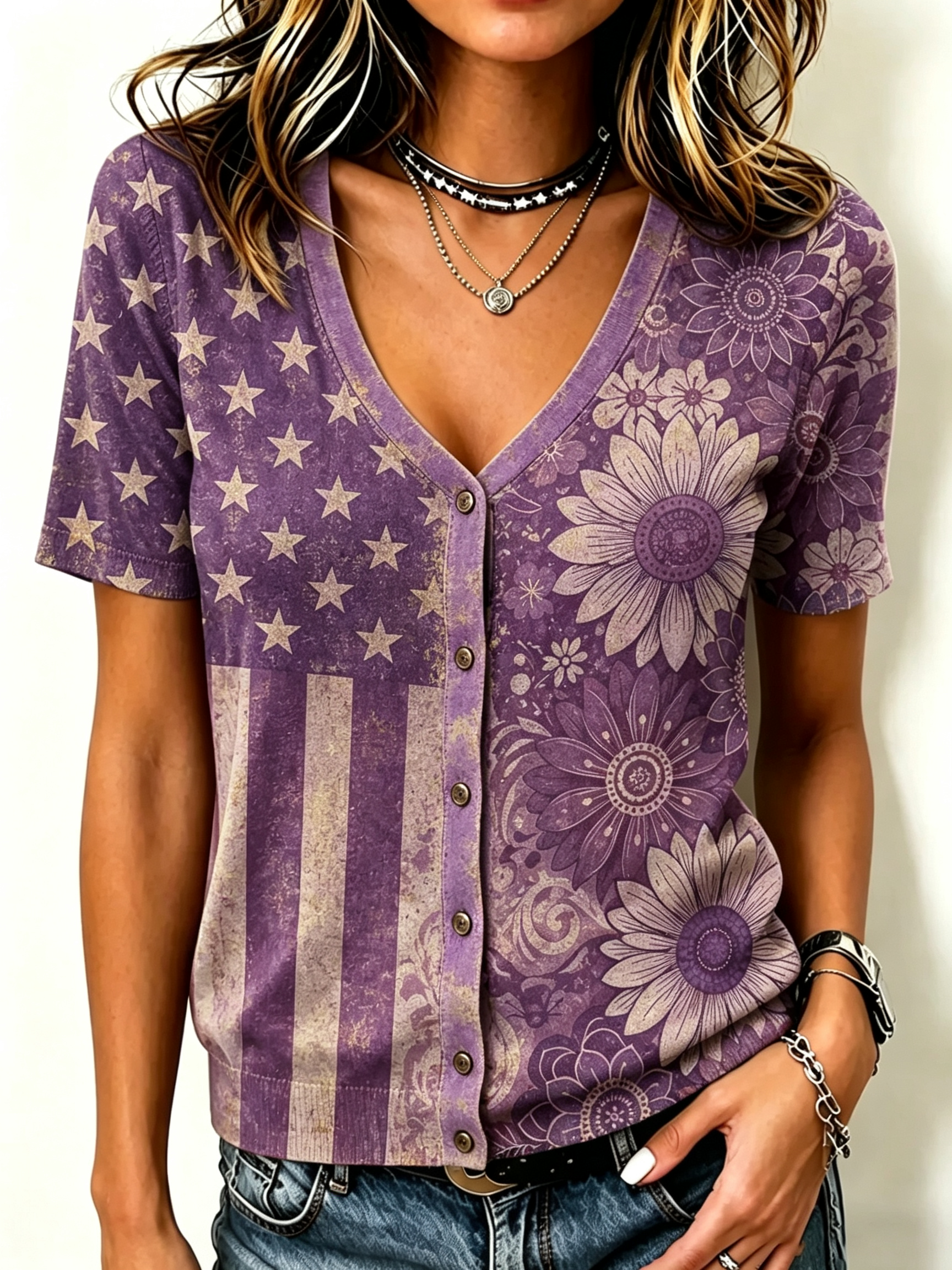 Women's Vintage Star Stripe Sunflower Floral V Neck Button Down Knit Top