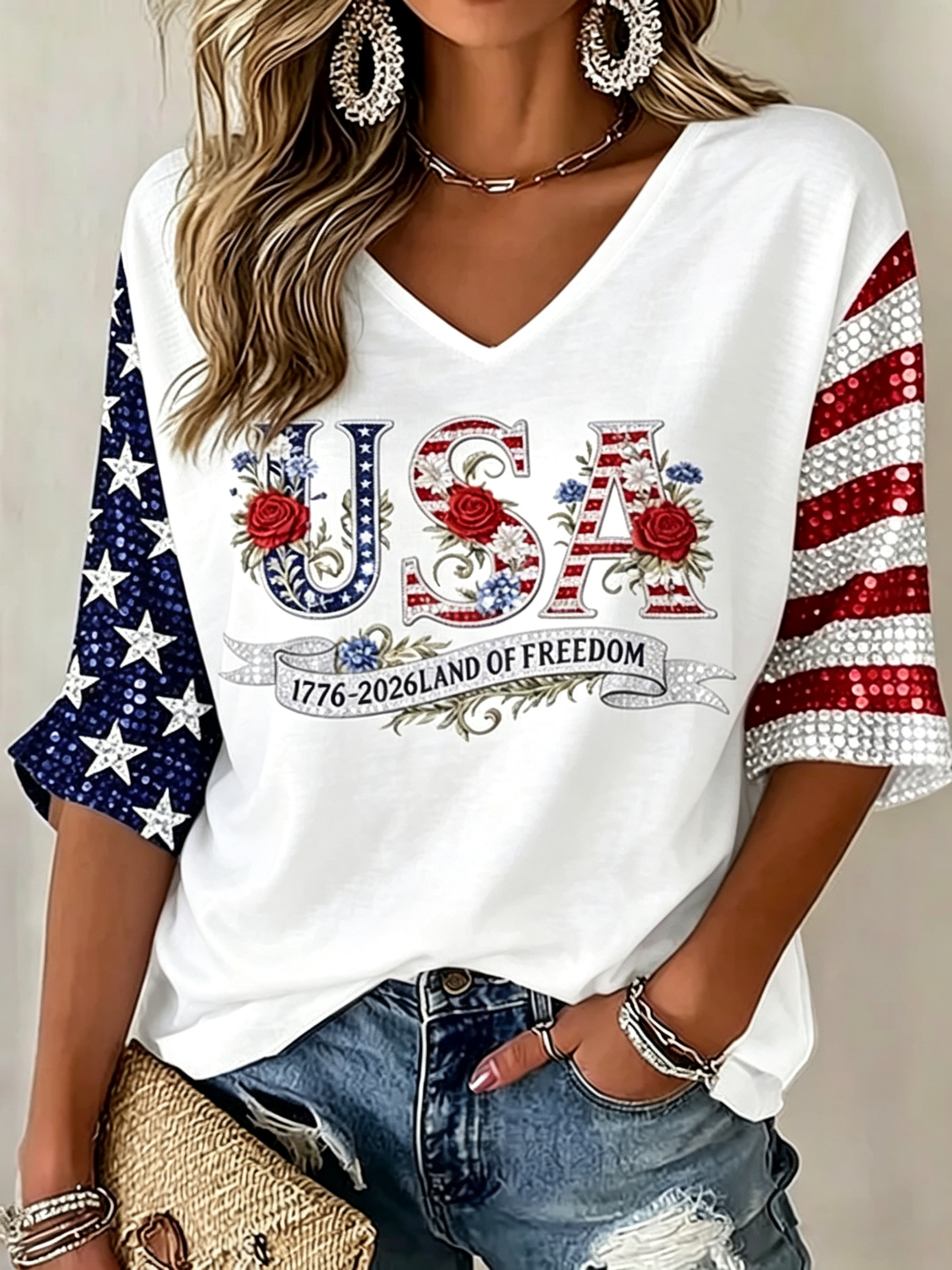 Retro Sunflower Rose Floral American Flag Lace V Neck Relax Fit Top