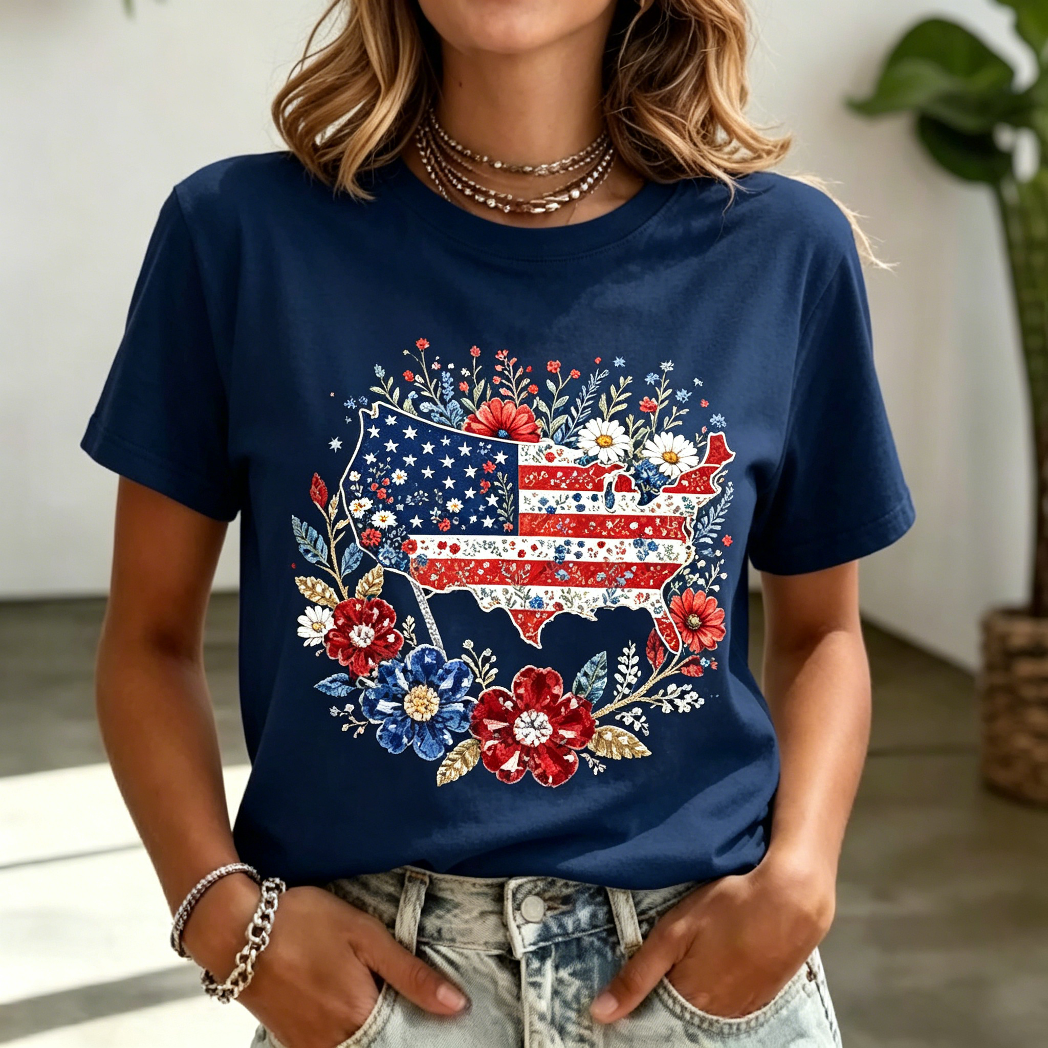 American Flag Floral Map Women’s T-Shirt, Cute Patriotic Graphic Tee for Summer & Holiday