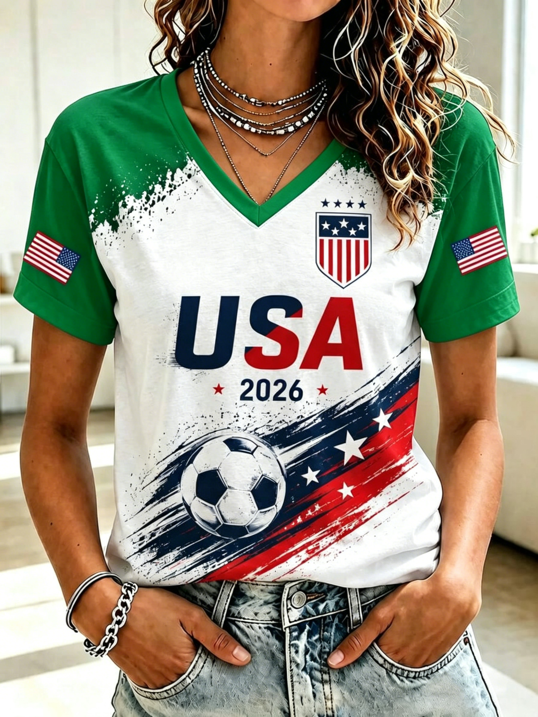2026 World Cup USA Football Fan Raglan Sleeve V Neck Casual Tee