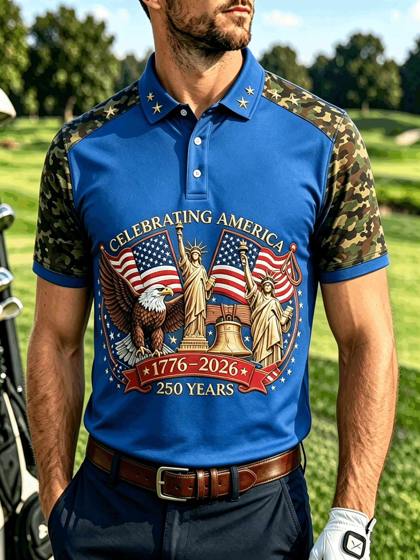 Celebrating America Patriotic Retro Print Camo Raglan Men's Daily Wear Golf Collared Shirt