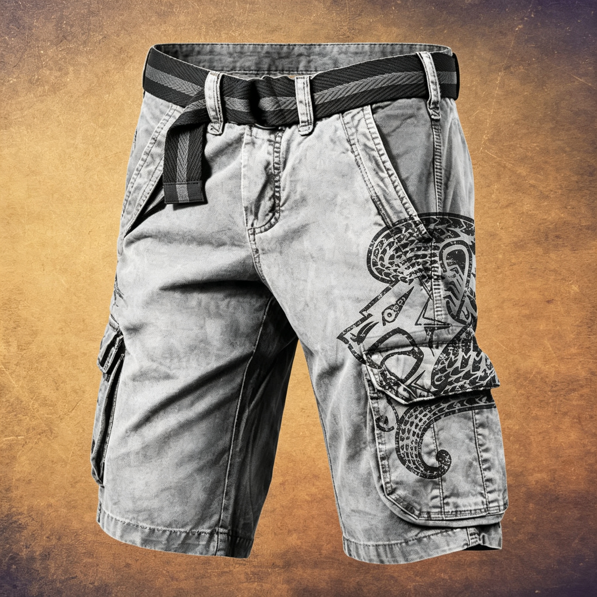 Men's Viking Valknut Norse Rune Belted Multi-Pocket Cargo Shorts