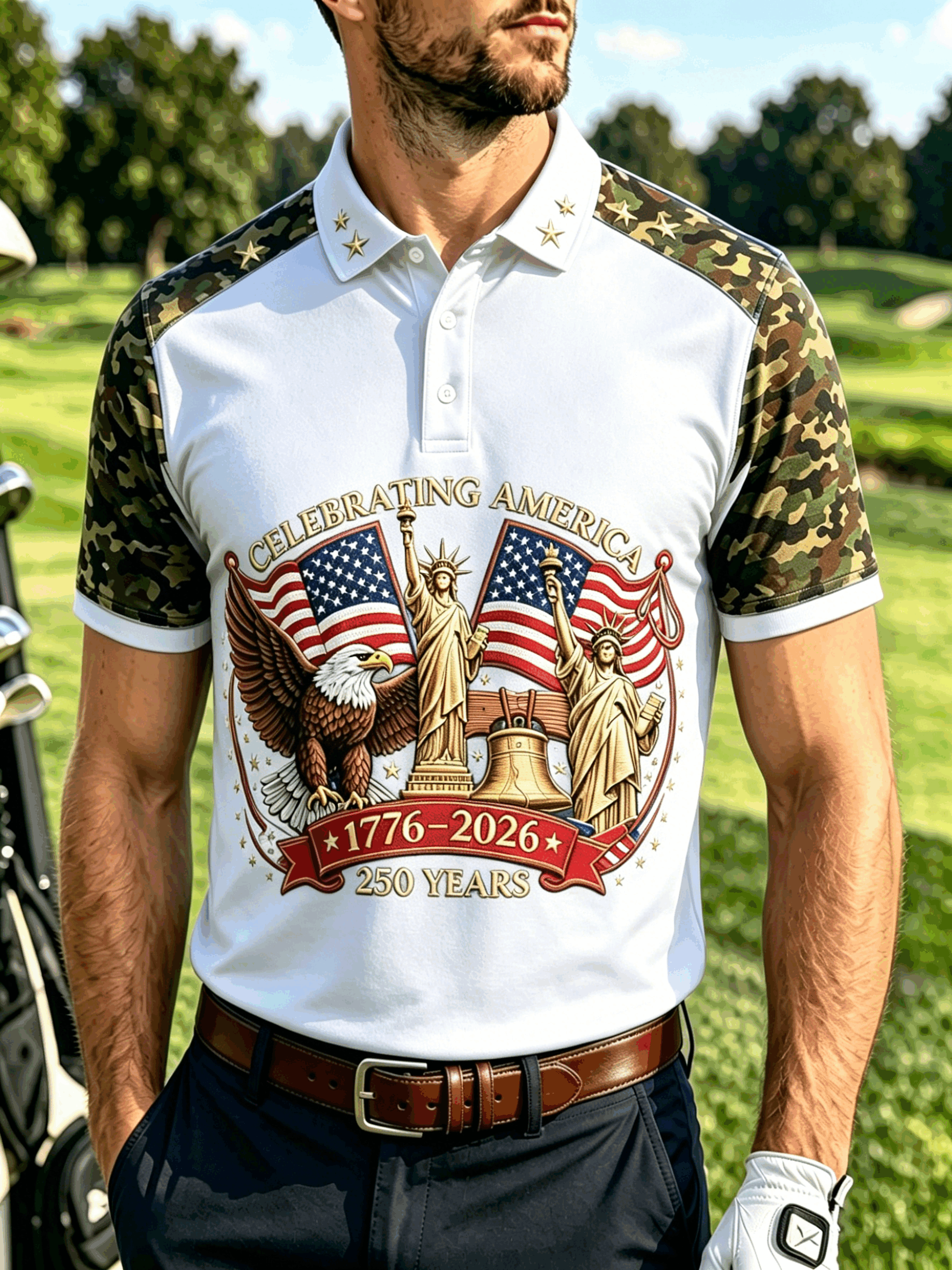 Celebrating America Patriotic Retro Print Camo Raglan Men's Daily Wear Golf Collared Shirt