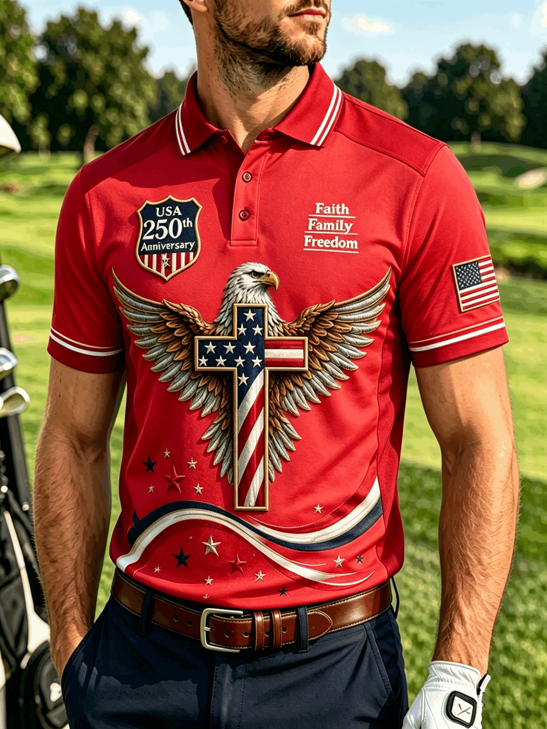 Men's 1776-2026 250 Years Bald Eagle Statue of Liberty Camo Sleeve Golf Polo Shirt