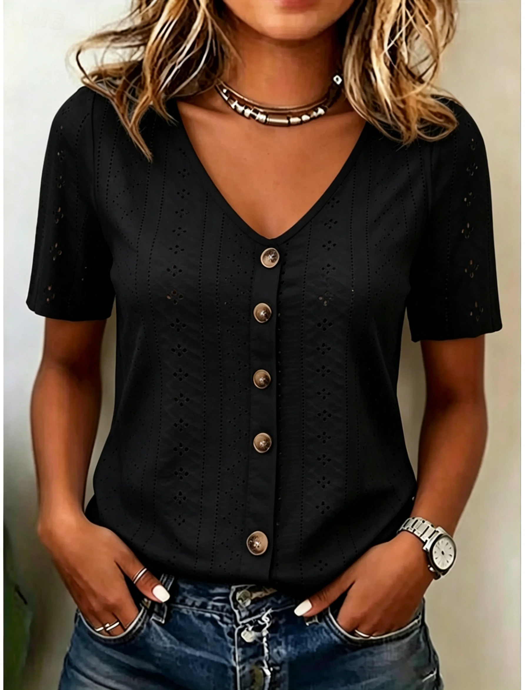 Women's Eyelet Knit V-Neck Button Front Short Sleeve Top