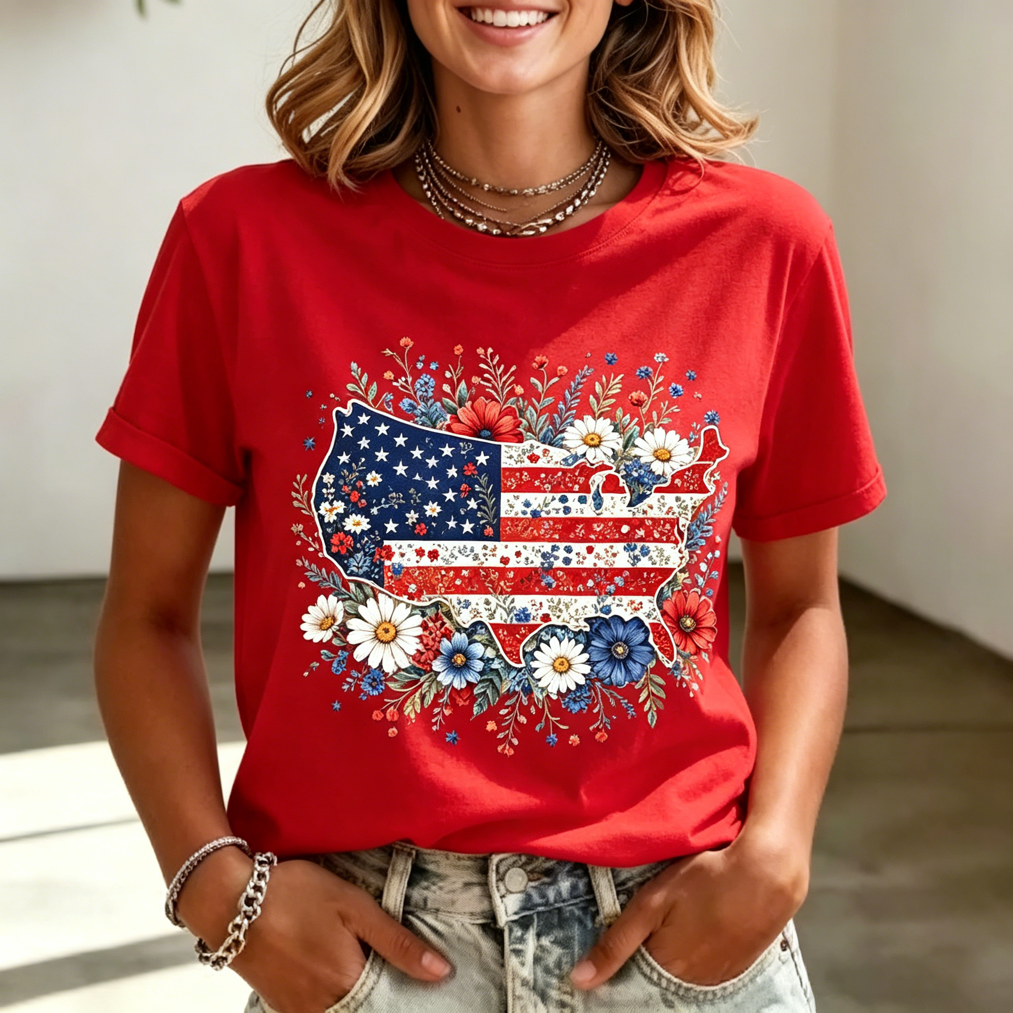 American Flag Floral Map Women’s T-Shirt, Cute Patriotic Graphic Tee for Summer & Holiday