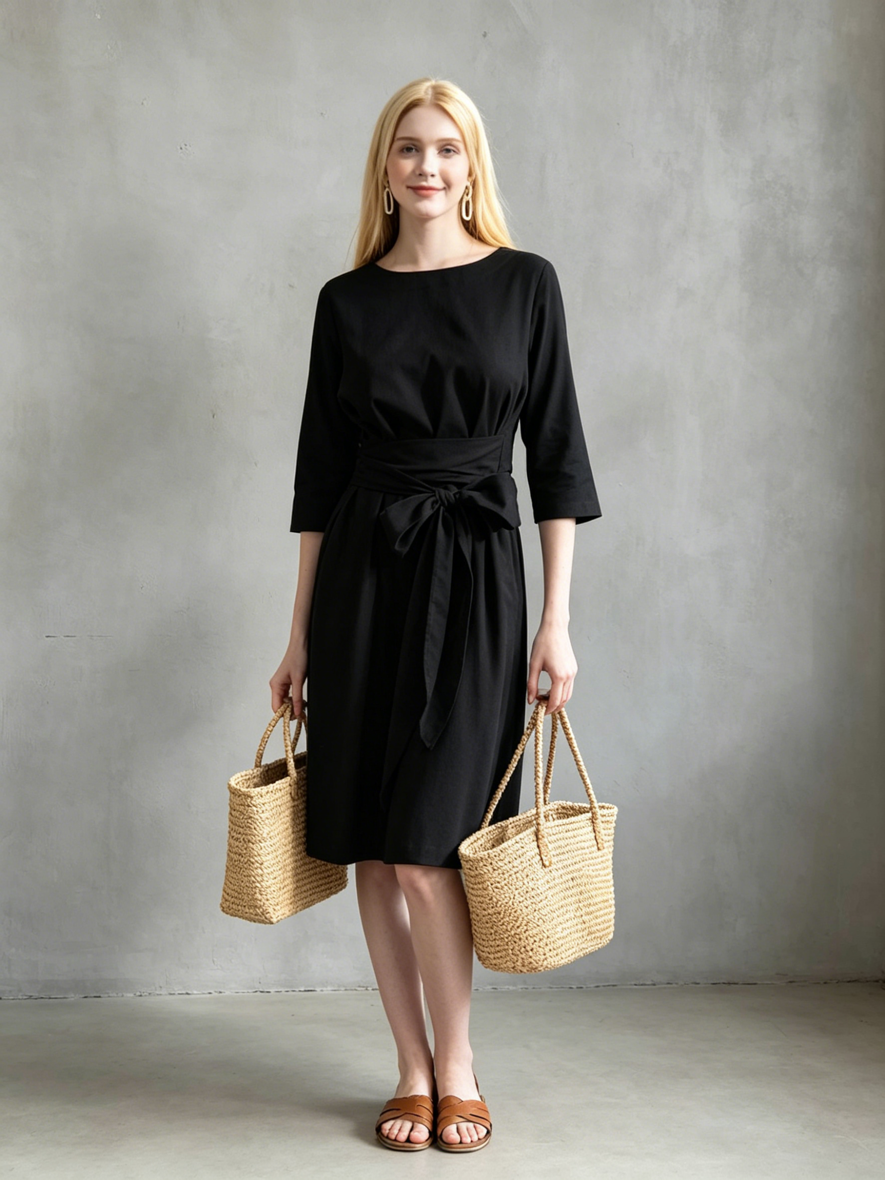 Elegant Solid Color Round Neck Self Belt Formal Midi Dress For Ladies