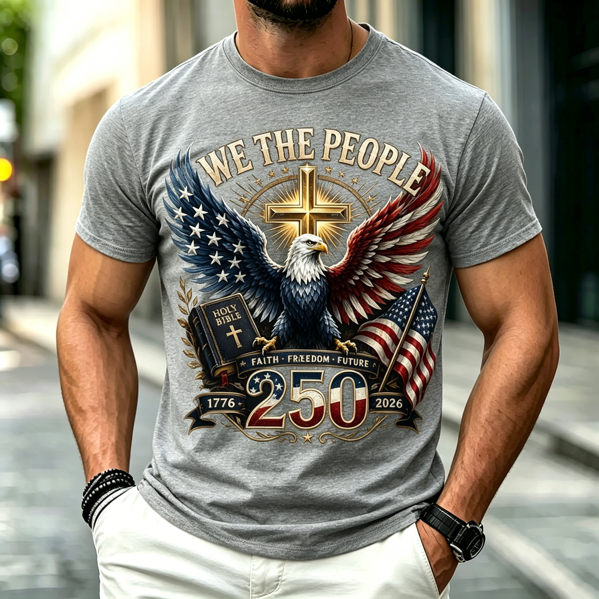Men We The People Eagle Cross Holy Bible USA Flag 250 Years Short Sleeve T-Shirt