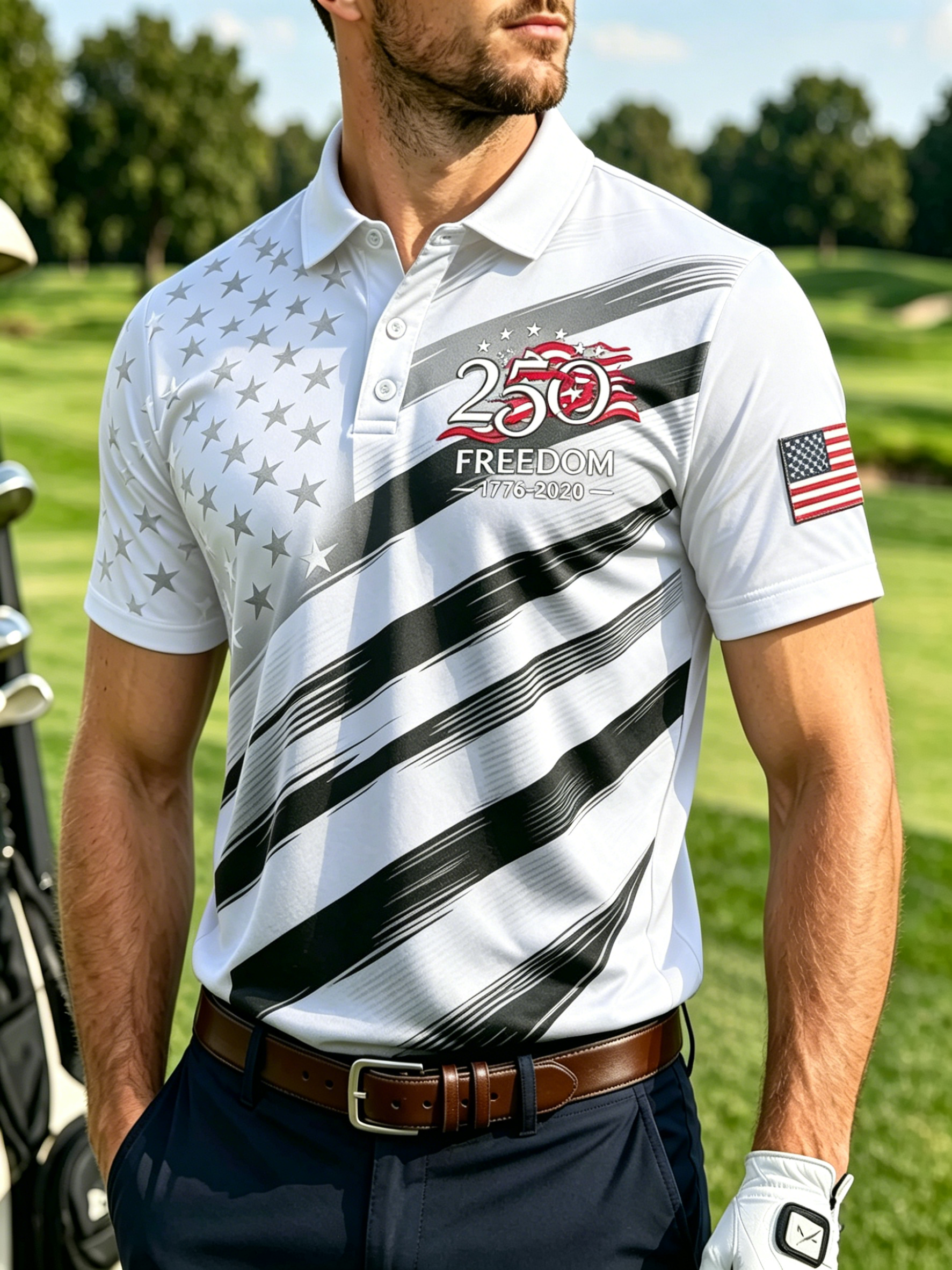 Men 250 Years Freedom Star Diagonal Stripe Patriotic Golf Polo Shirt