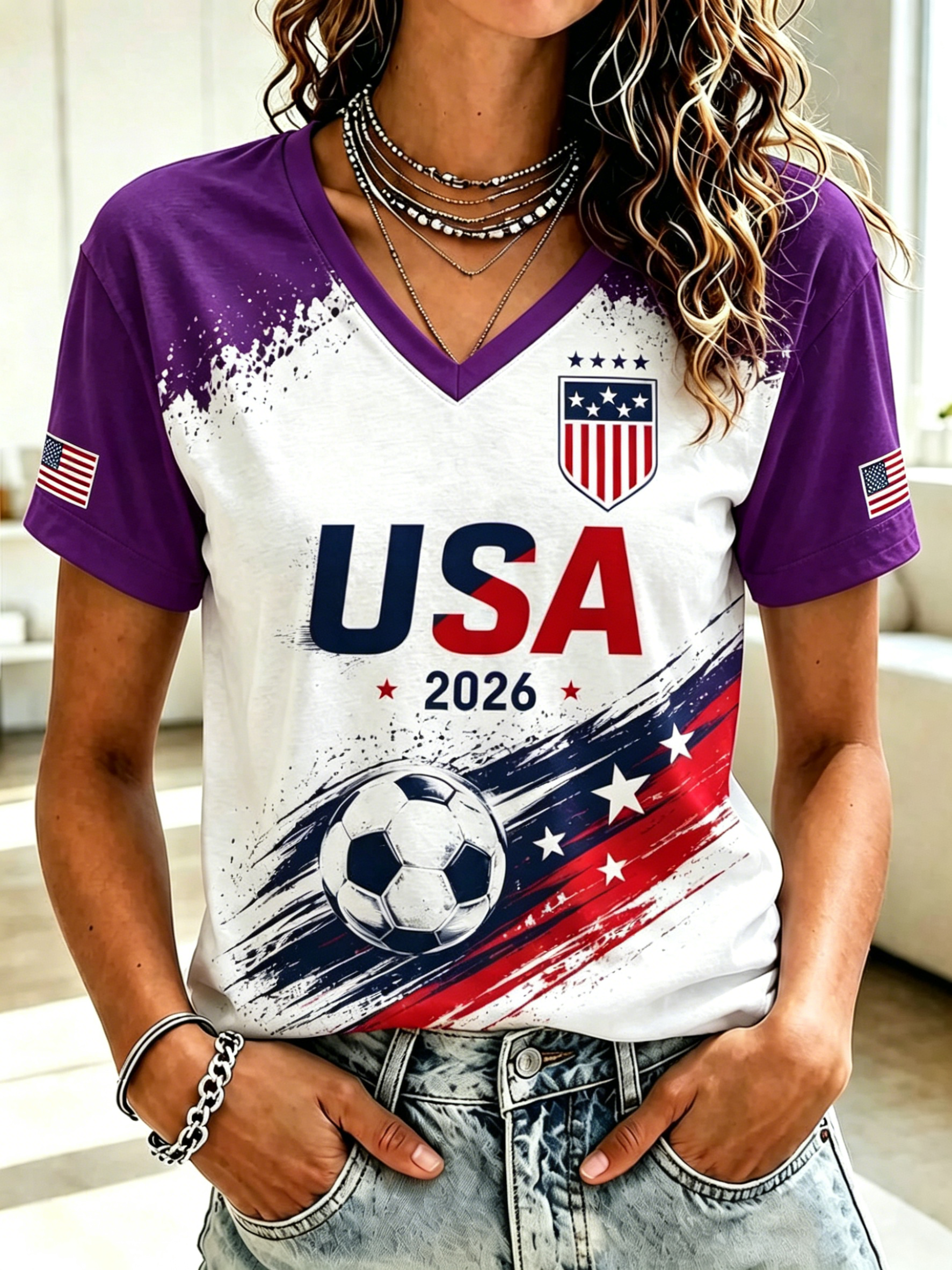 2026 World Cup USA Football Fan Raglan Sleeve V Neck Casual Tee