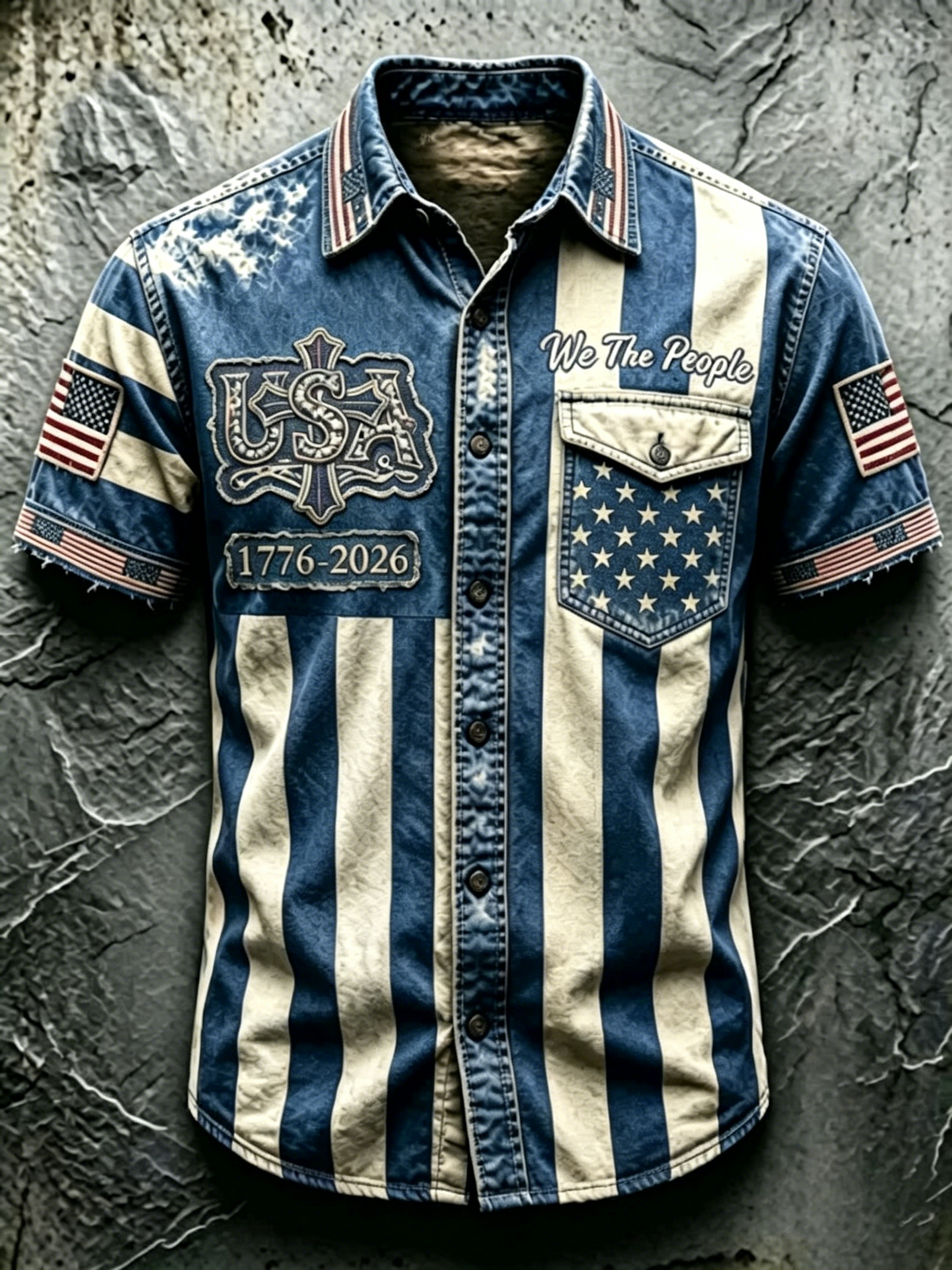 Men Vintage We The People USA Cross Star Striped Flag Short Sleeve Denim Shirt