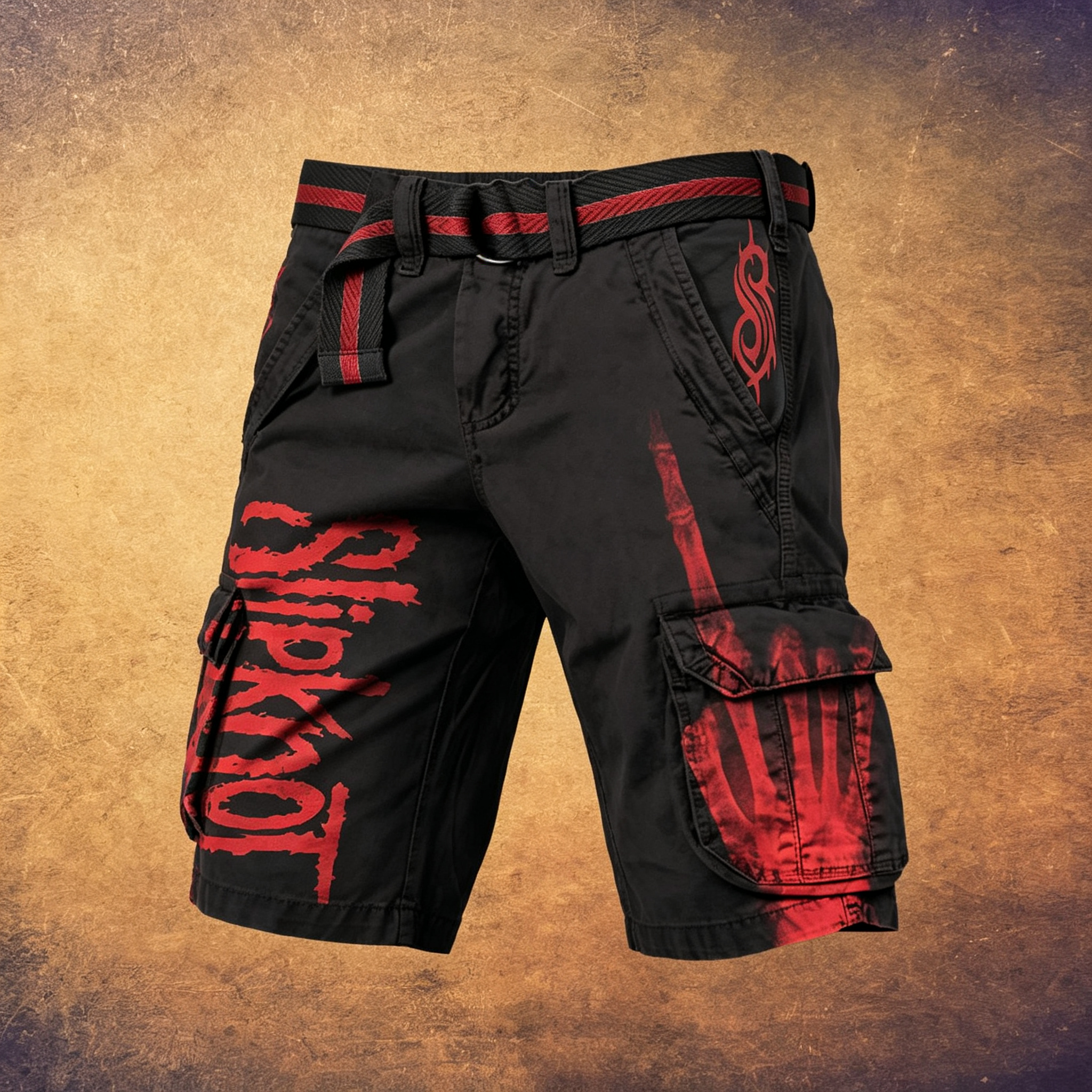 Men's Vintage Rock Band Graphic Multi-Pocket Cargo Shorts with Belt