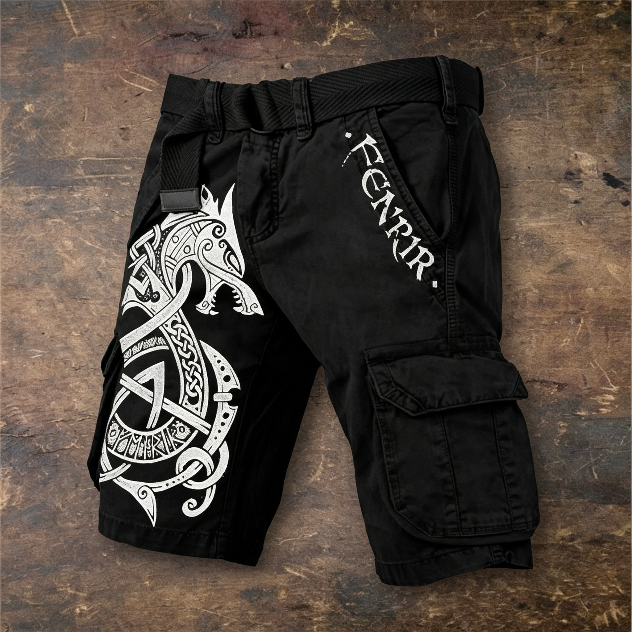 Norse Viking Fenrir Wolf Graphic Men's Belted Cargo Shorts