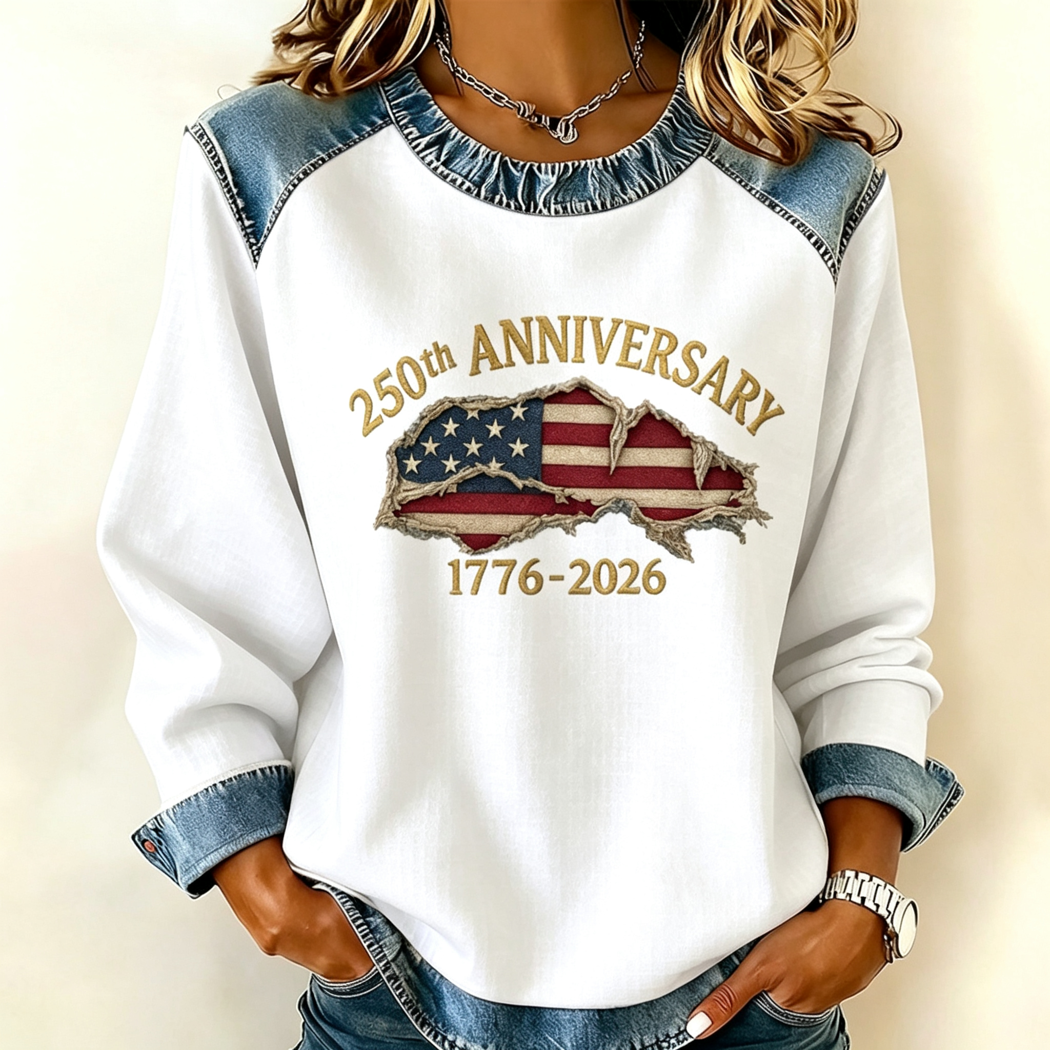 Vintage Distressed American Flag Ruffle Neck Raglan Sweatshirt