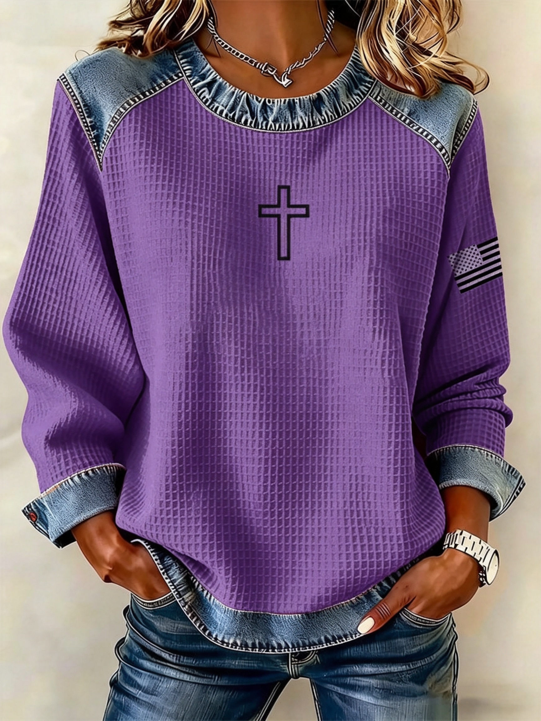 Minimal Cross & Sleeve Flag Print Denim Patch Shoulder Long Sleeve Blouse