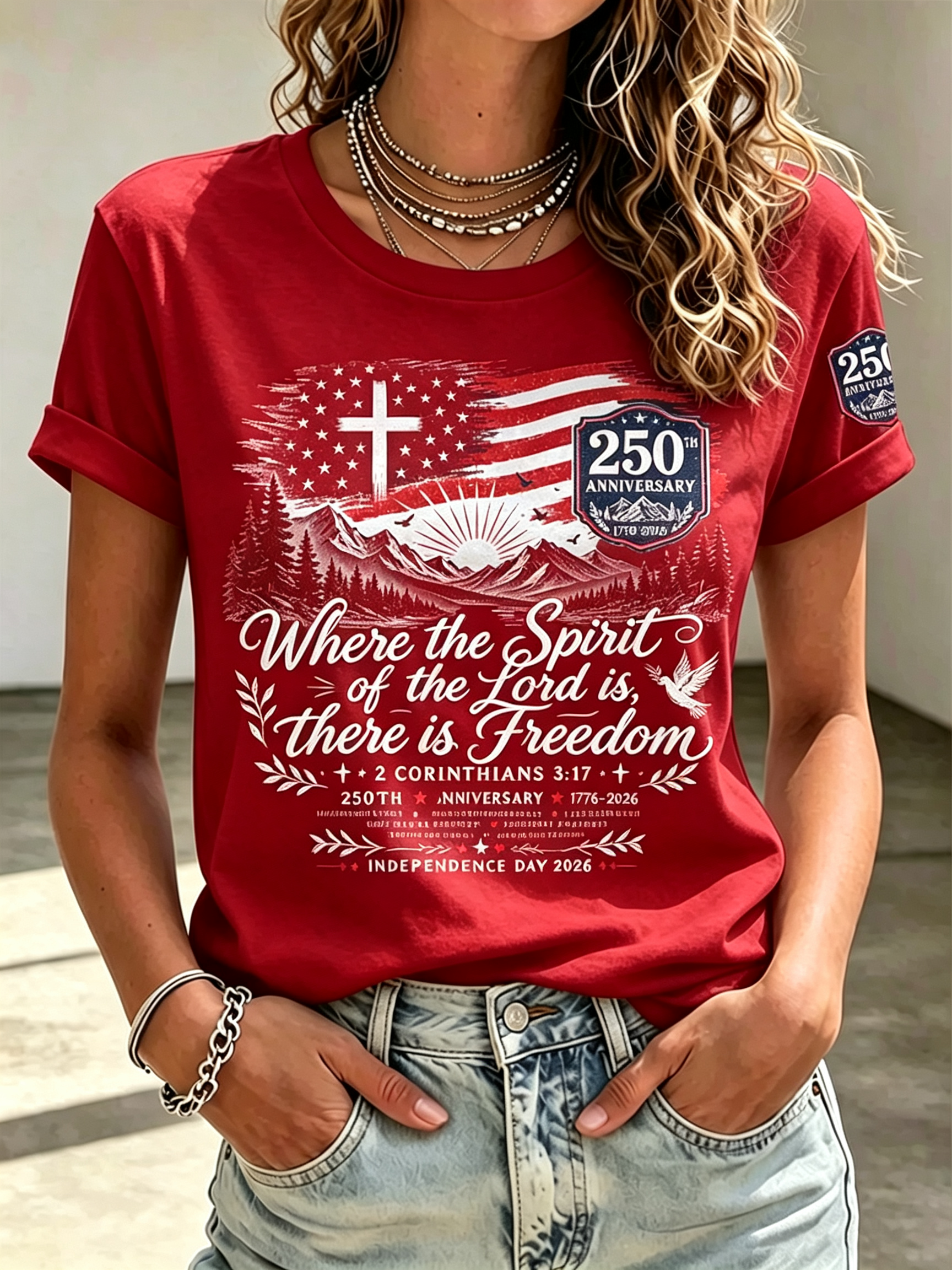Retro Mountain Dove Cross Patriotic 1776-2026 Short Sleeve Top with Sleeve Patch Detail