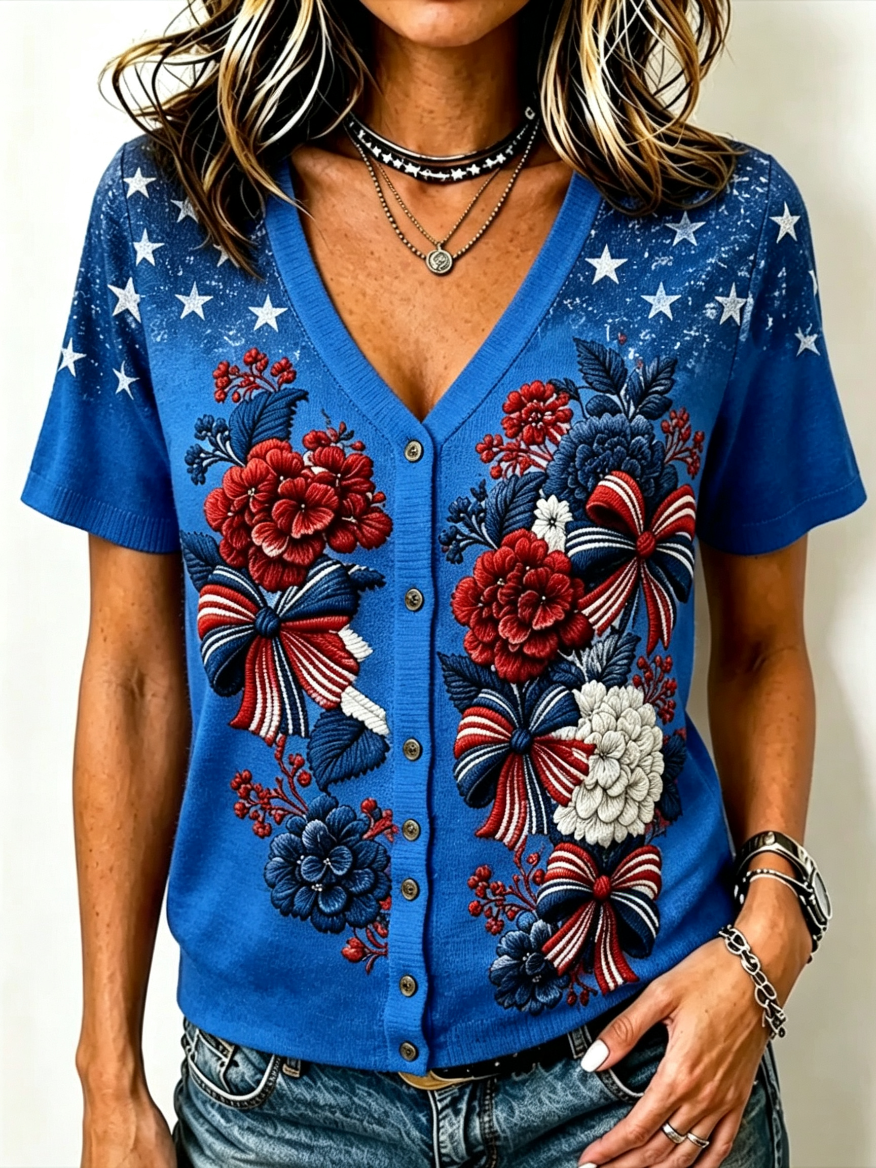 Women's Star Stripe Floral Bow Print V-Neck Short Sleeve Knit Cardigan