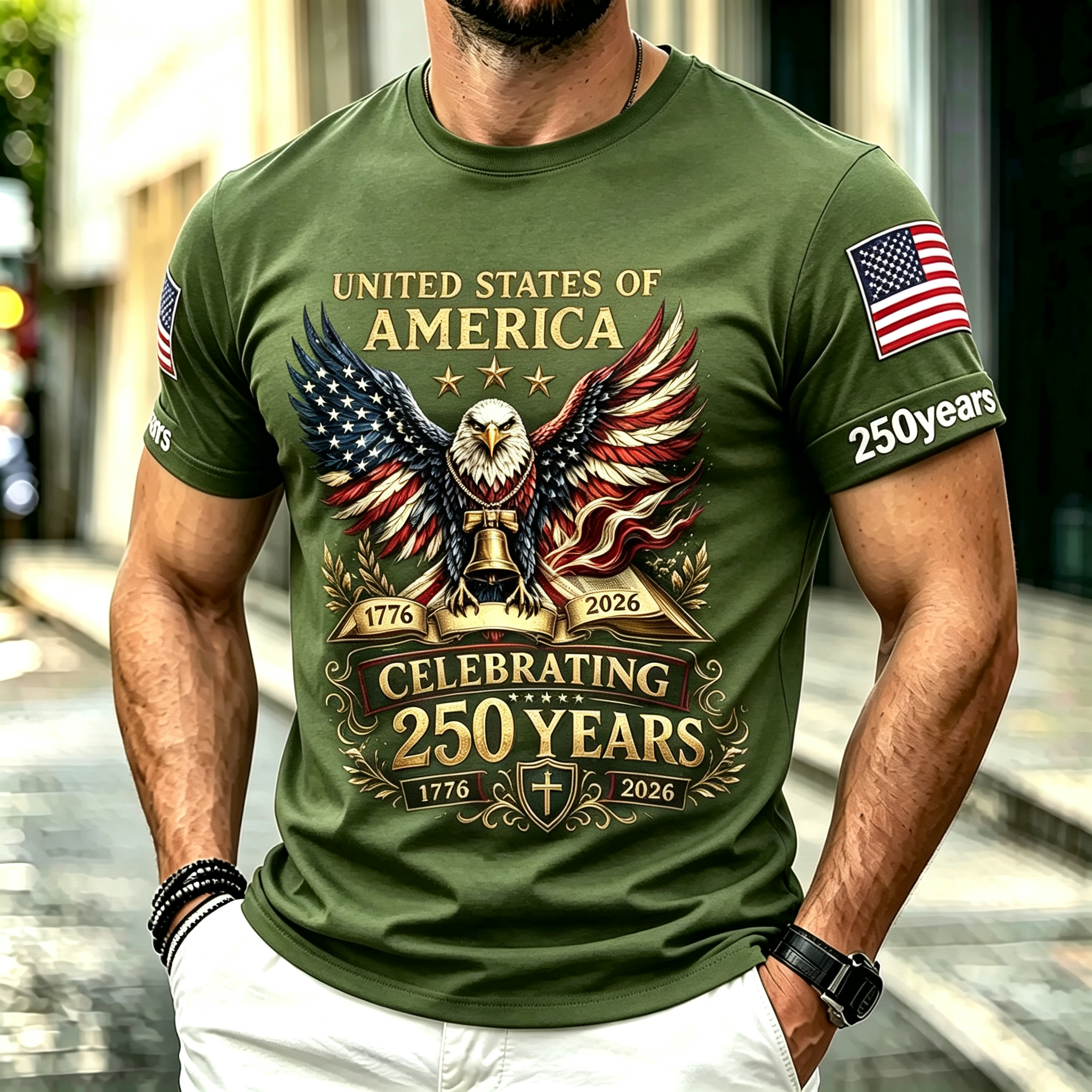 Retro Patriotic Eagle Wing American Flag Sleeve Print Men's Casual Short Sleeve Top