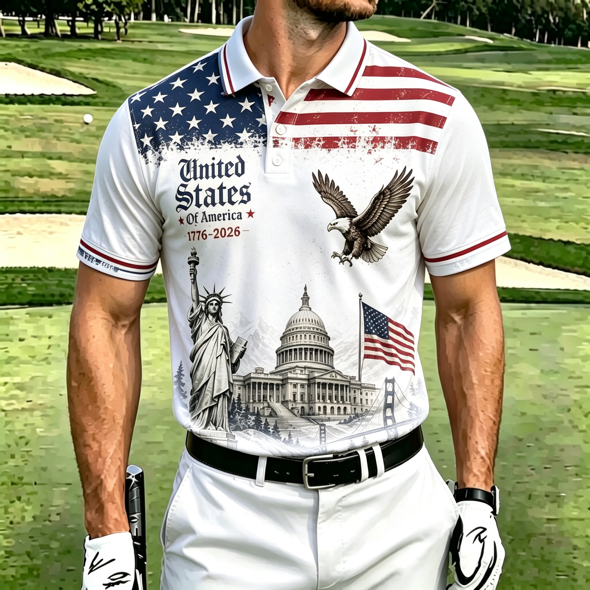 Men's Vintage USA Landmark Eagle Star Stripe Print Short Sleeve Polo Shirt