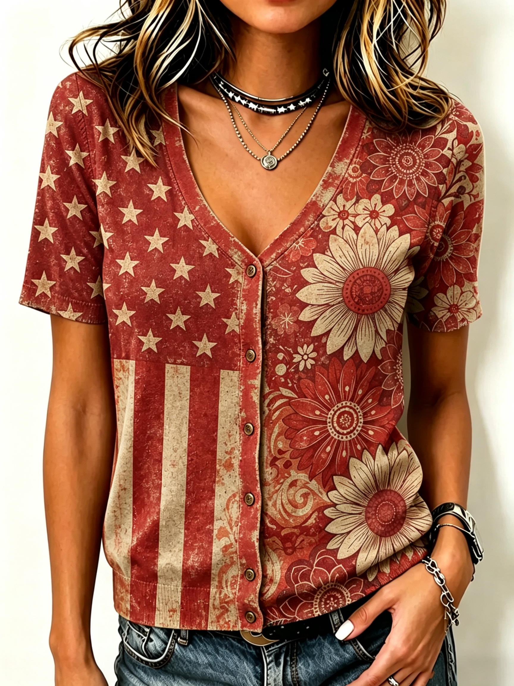 Women's Vintage Star Stripe Sunflower Floral V Neck Button Down Knit Top