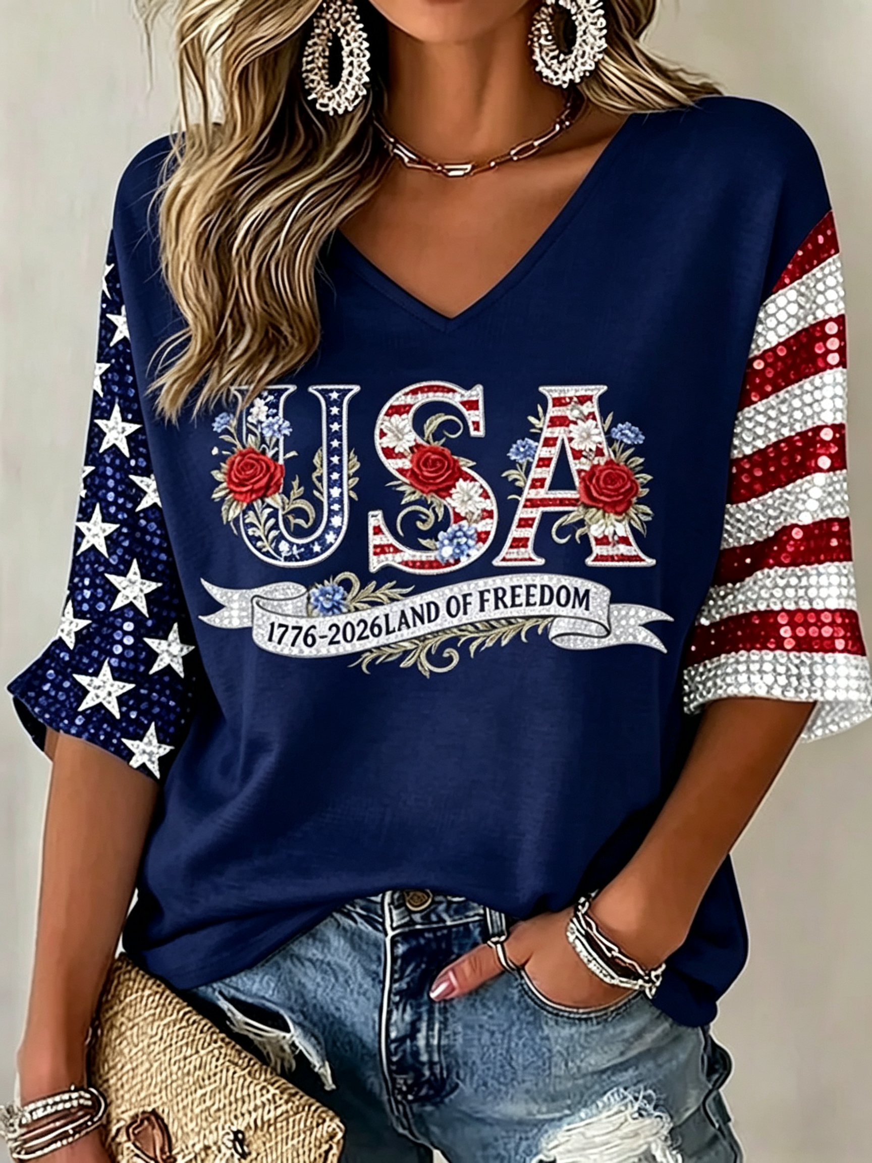 Retro Sunflower Rose Floral American Flag Lace V Neck Relax Fit Top