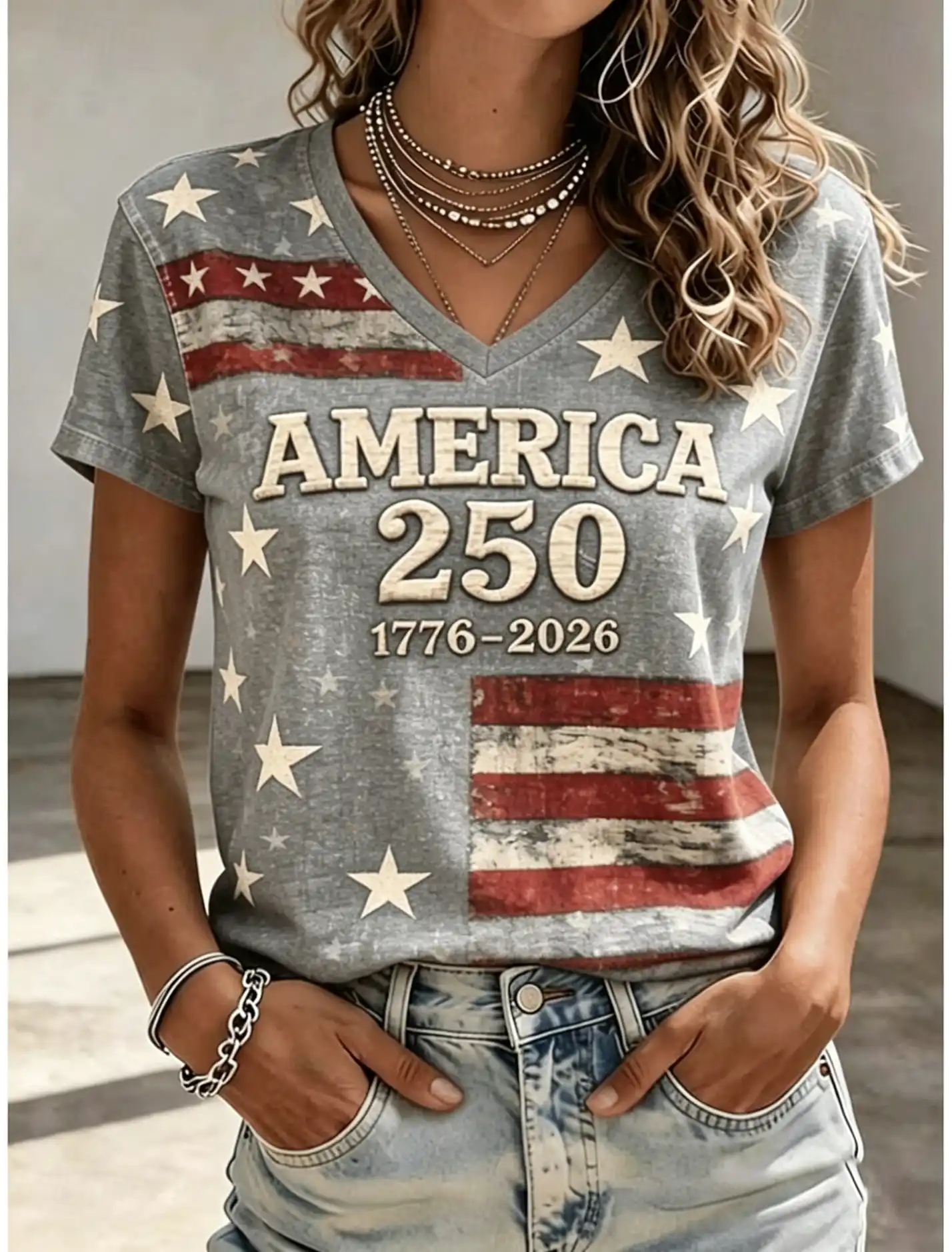 Women's America 250th 1776-2026 Vintage USA Flag V-Neck Short Sleeve Casual Tee
