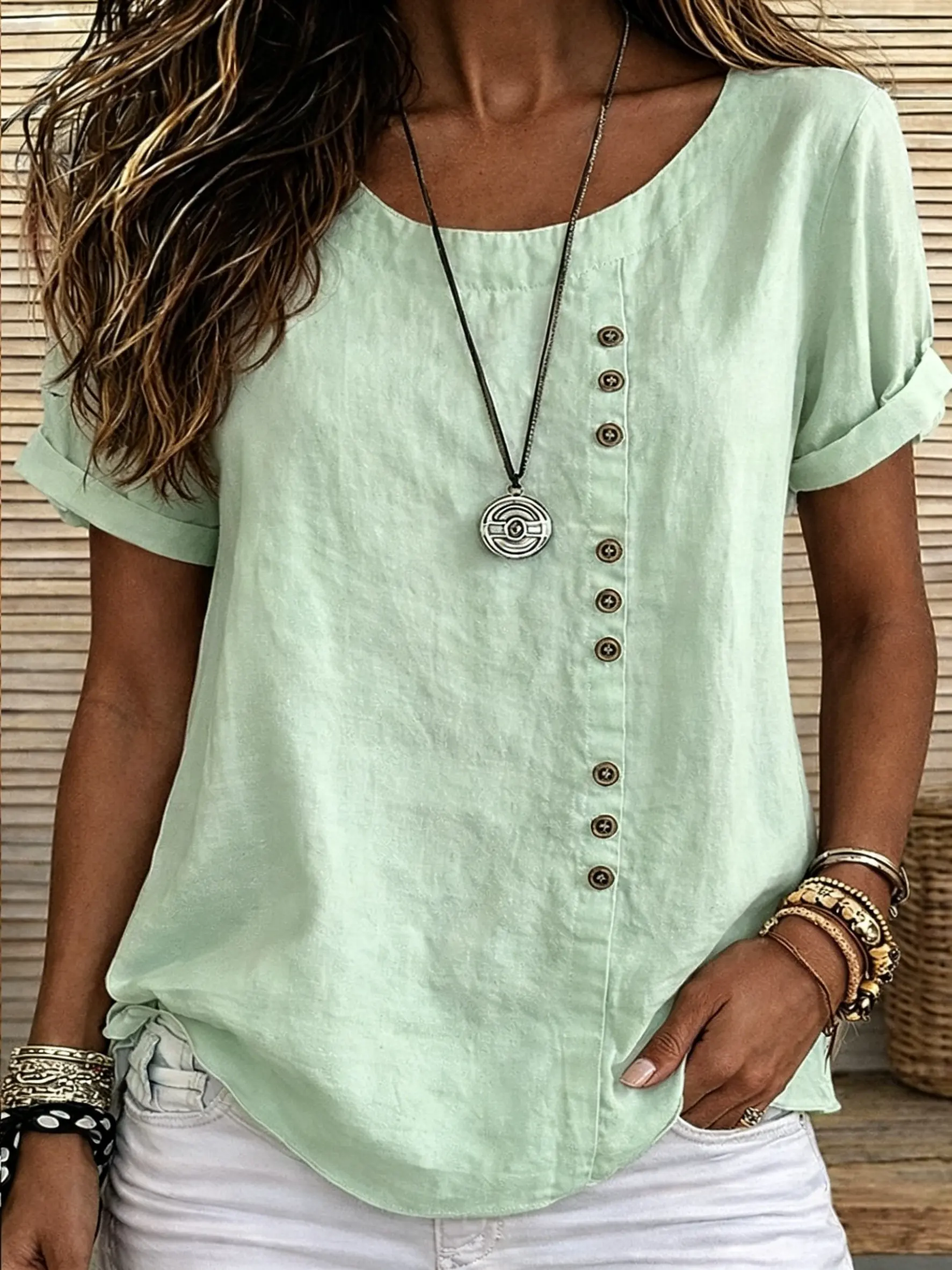 Women's Solid White Round Neck Vertical Decorative Button Rolled Cuff Short Sleeve Casual Top