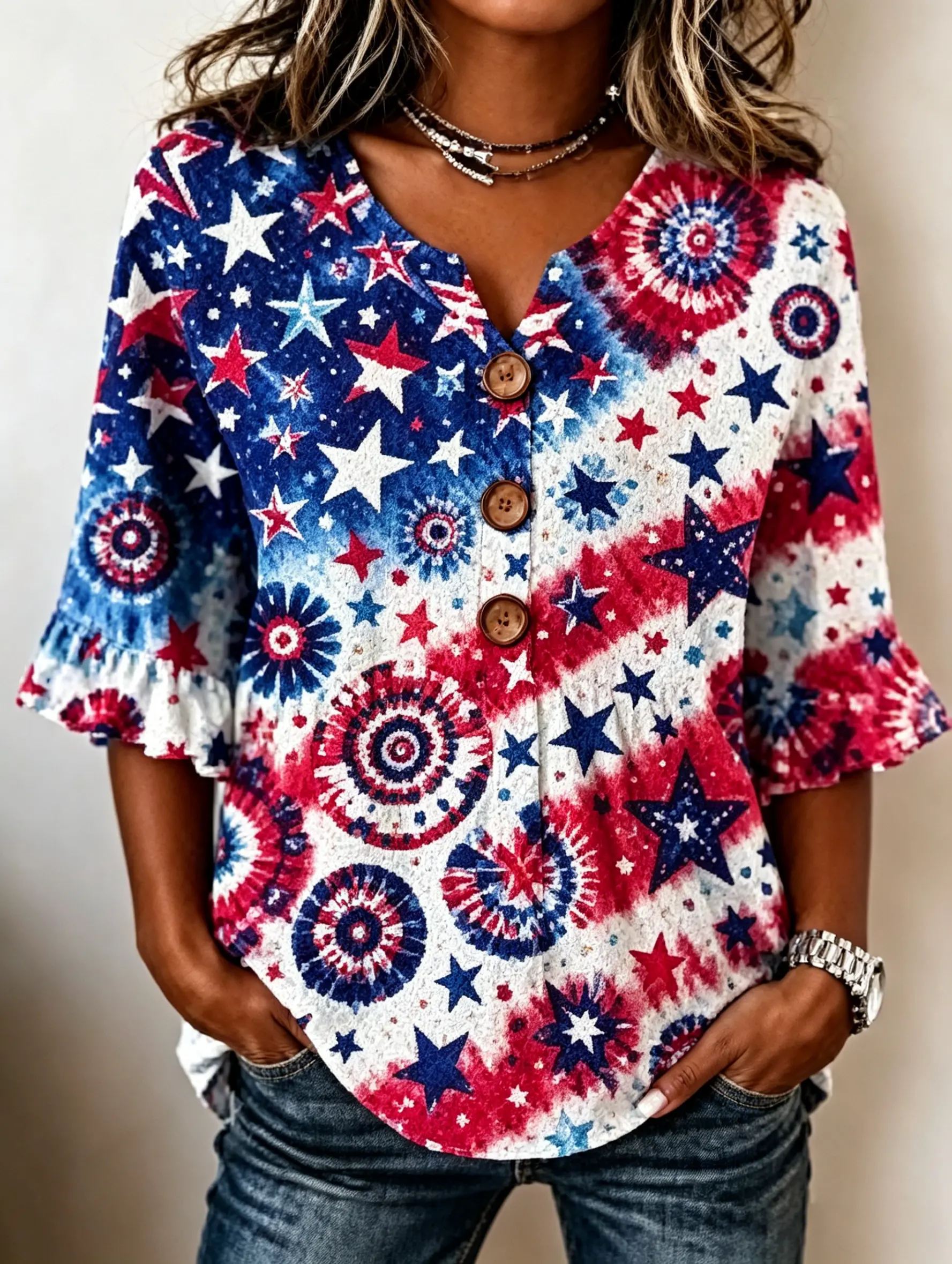 Women's Vintage Distressed American Flag Star Button Henley Ruffle Sleeve Top