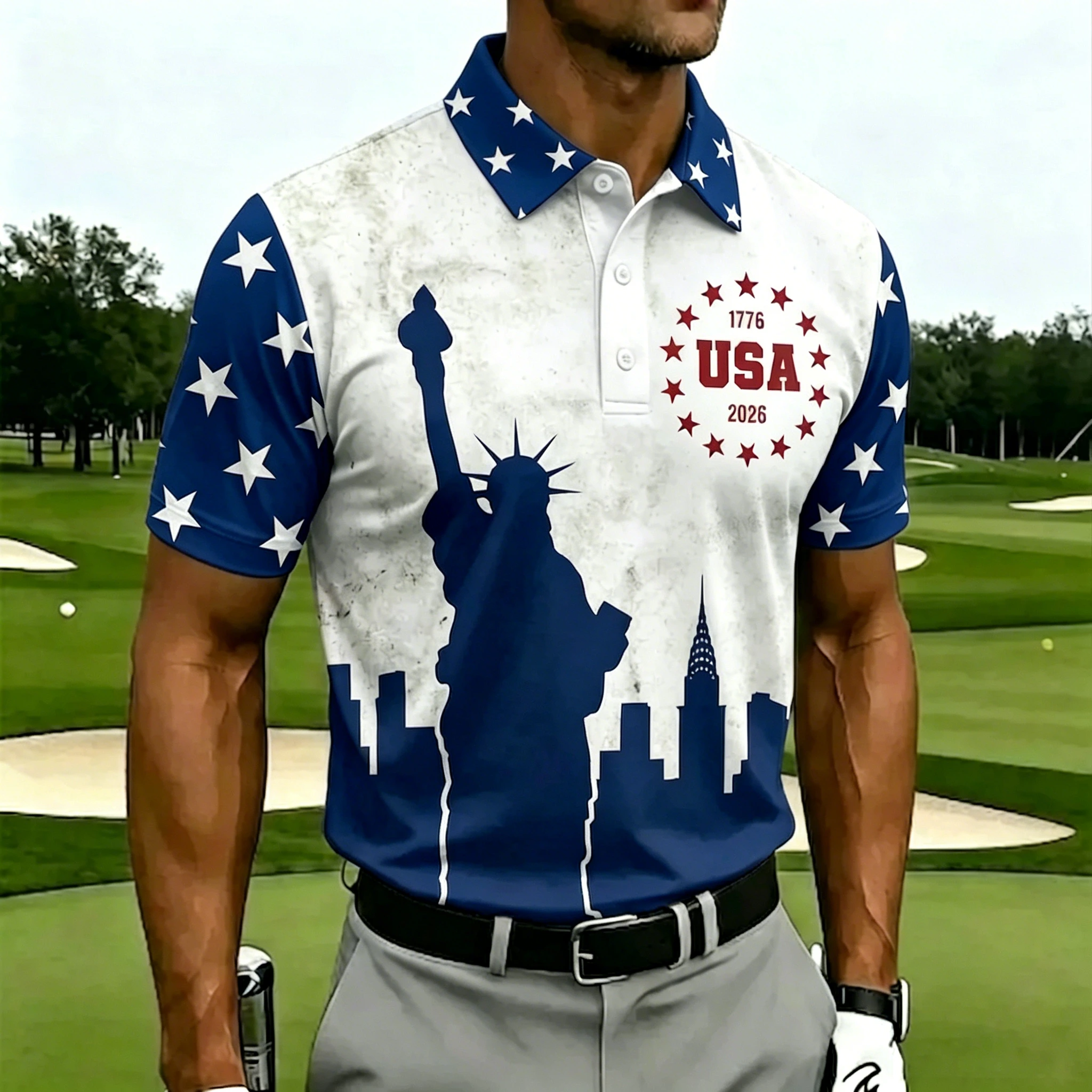 Men's Patriotic USA 250th Anniversary Statue of Liberty Golf Polo Shirt
