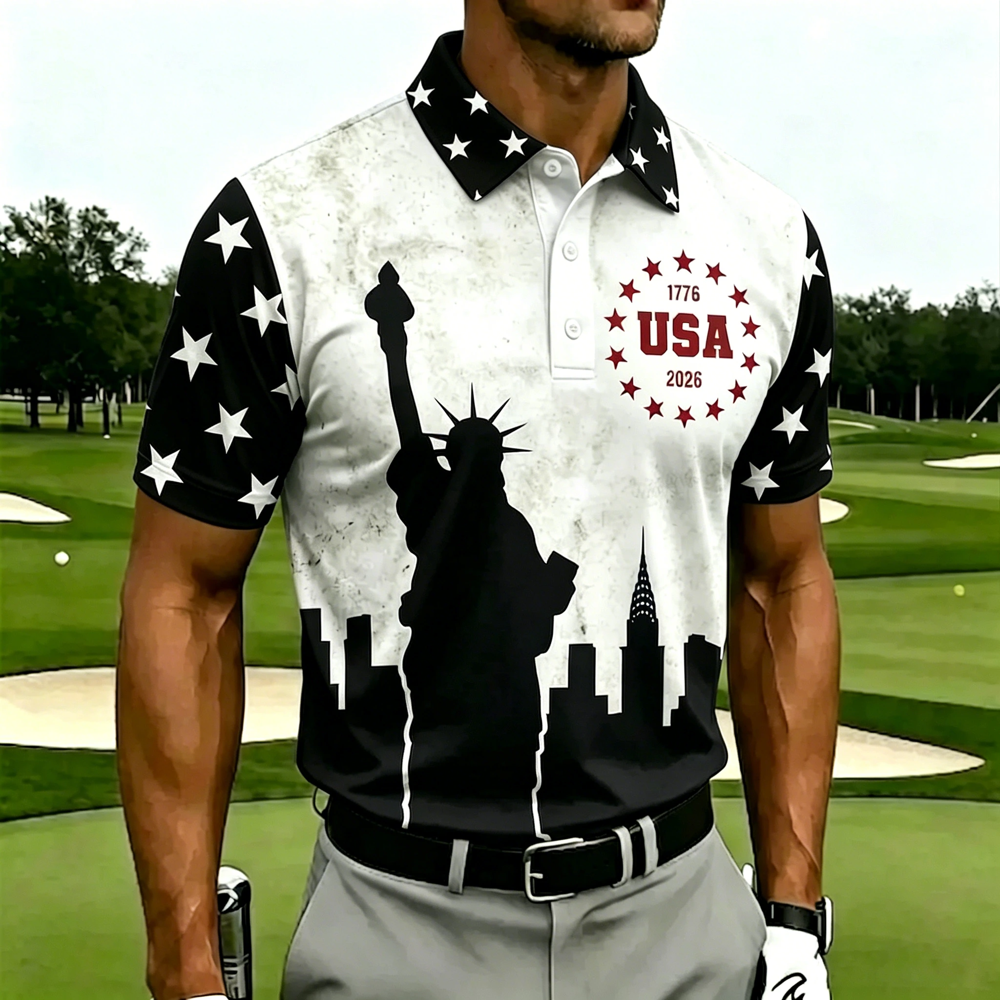 Men's Patriotic USA 250th Anniversary Statue of Liberty Golf Polo Shirt