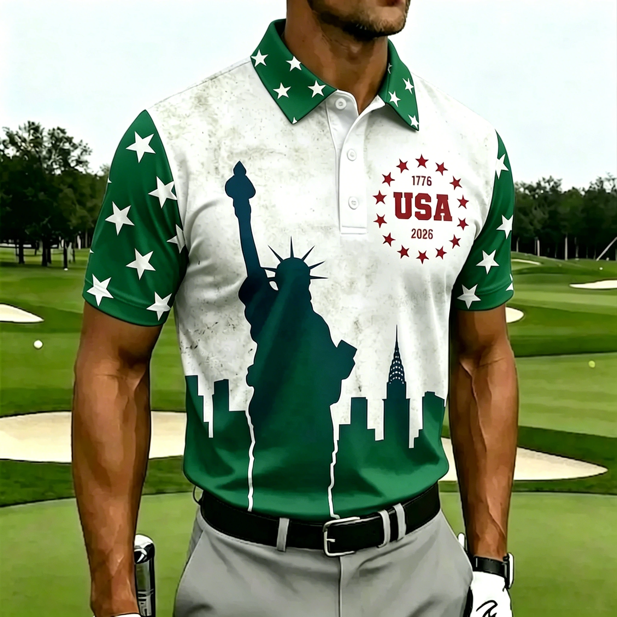 Men's Patriotic USA 250th Anniversary Statue of Liberty Golf Polo Shirt