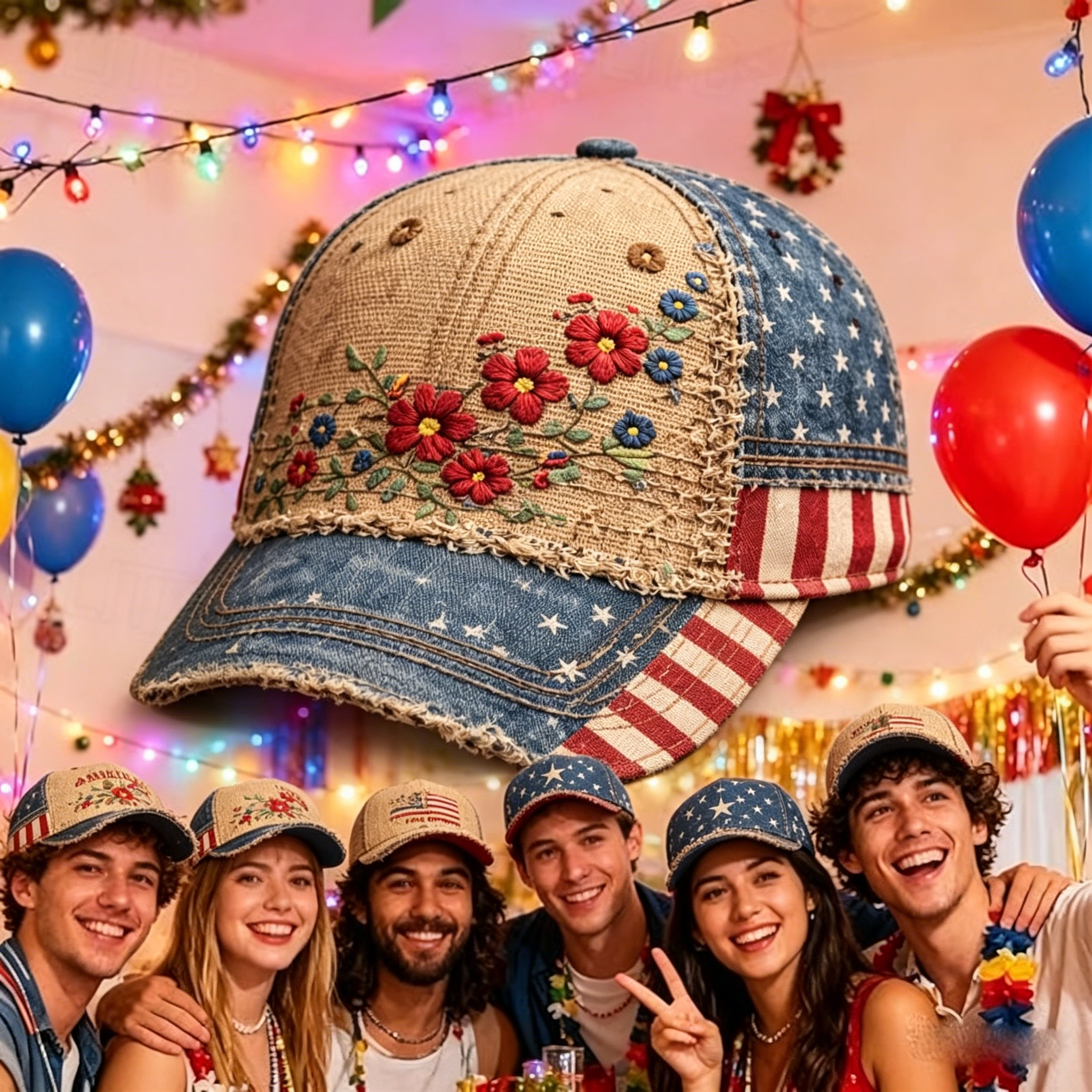 Retro Country Spliced Burlap Denim Floral Embroidery Outdoor Baseball Cap