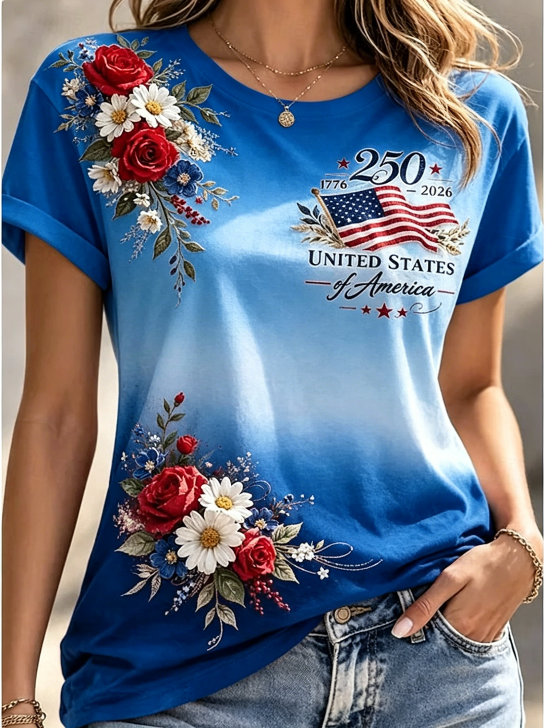 Women’s Patriotic Floral 250th Anniversary USA Flag T-Shirt, Casual Short Sleeve Tee for Independence Day