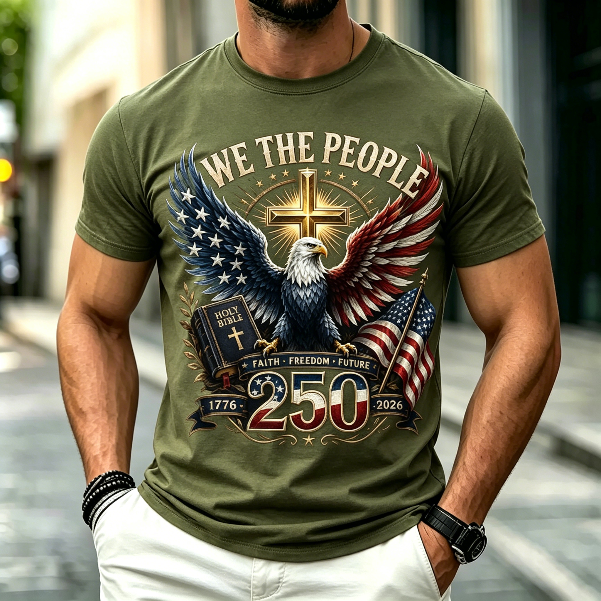 Men We The People Eagle Cross Holy Bible USA Flag 250 Years Short Sleeve T-Shirt