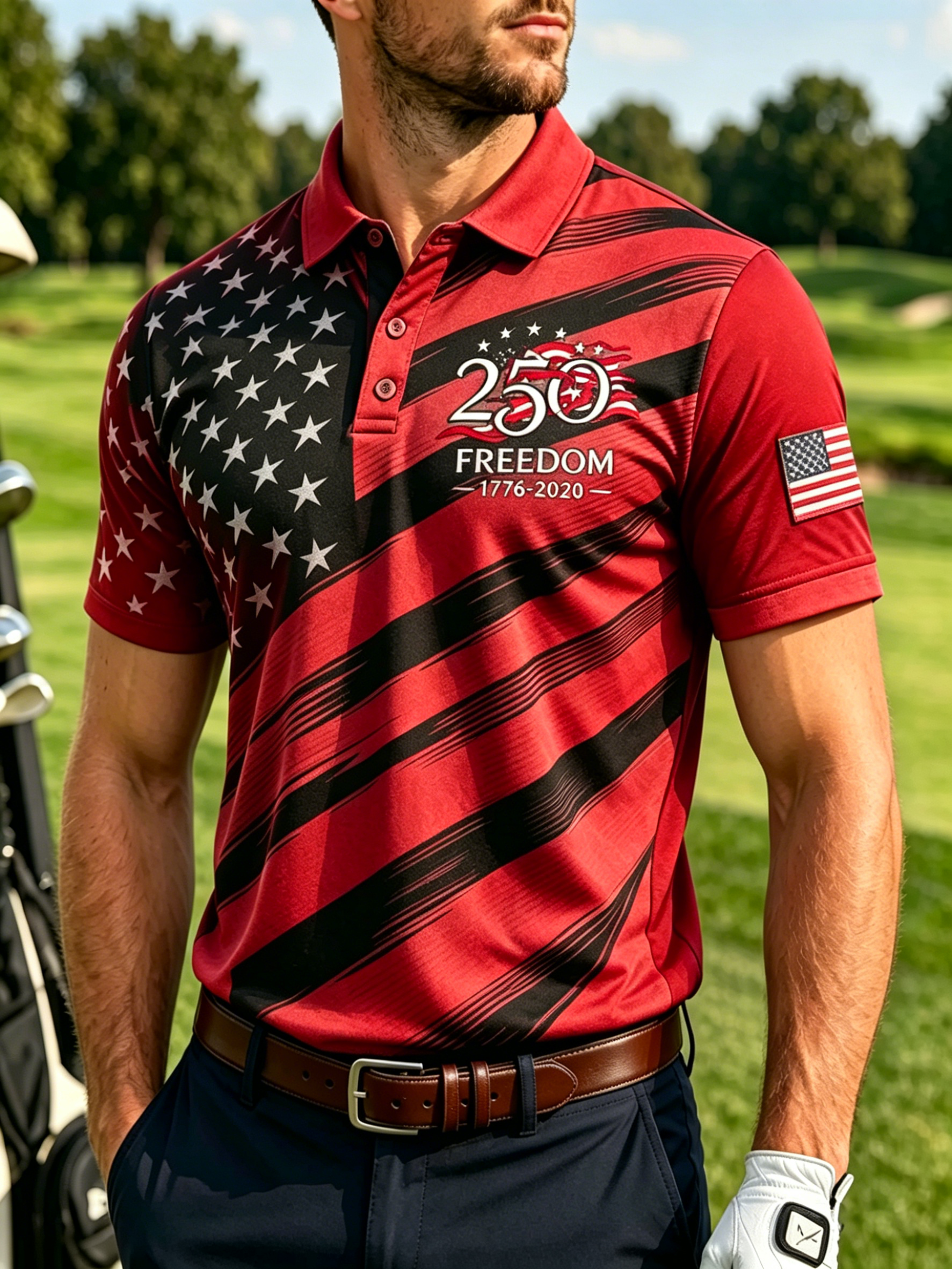 Men 250 Years Freedom Star Diagonal Stripe Patriotic Golf Polo Shirt