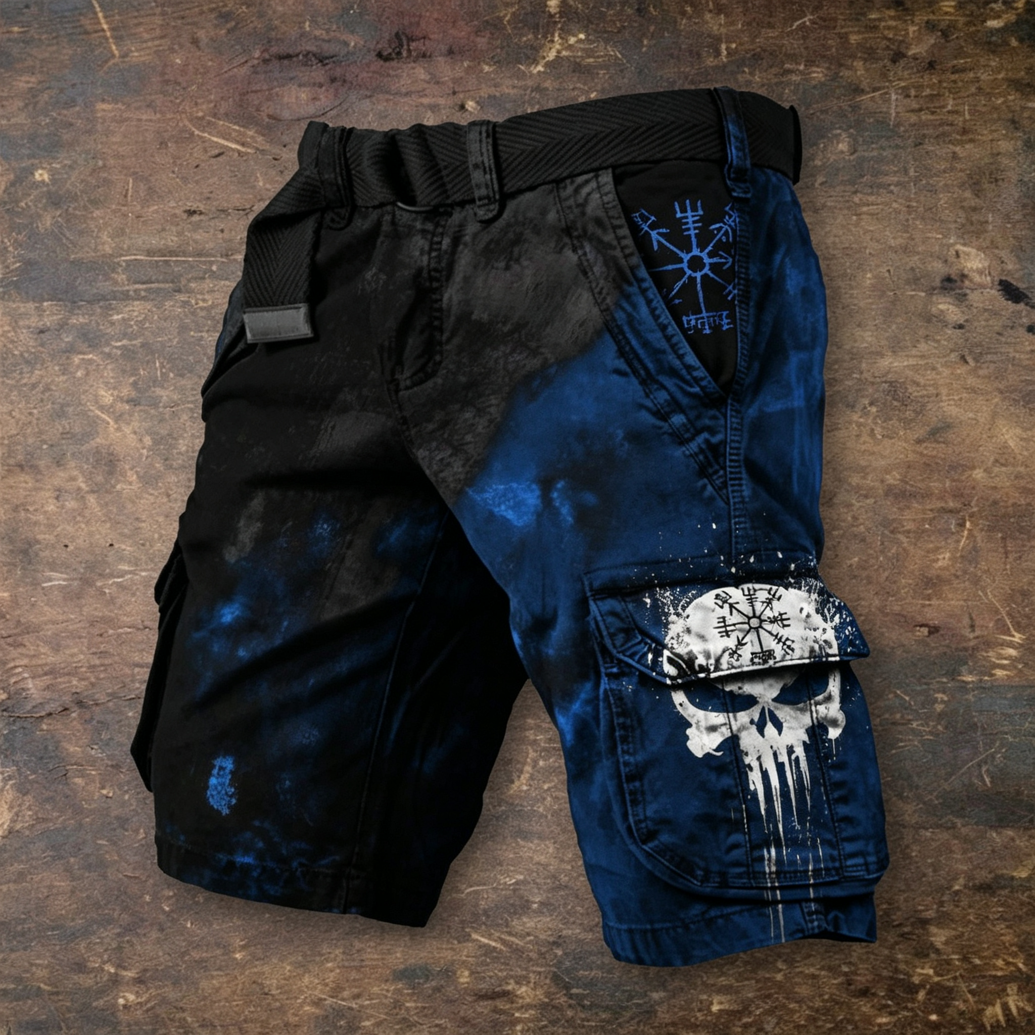Viking Vegvisir Skull Gradient Color Block Men's Belted Cargo Shorts