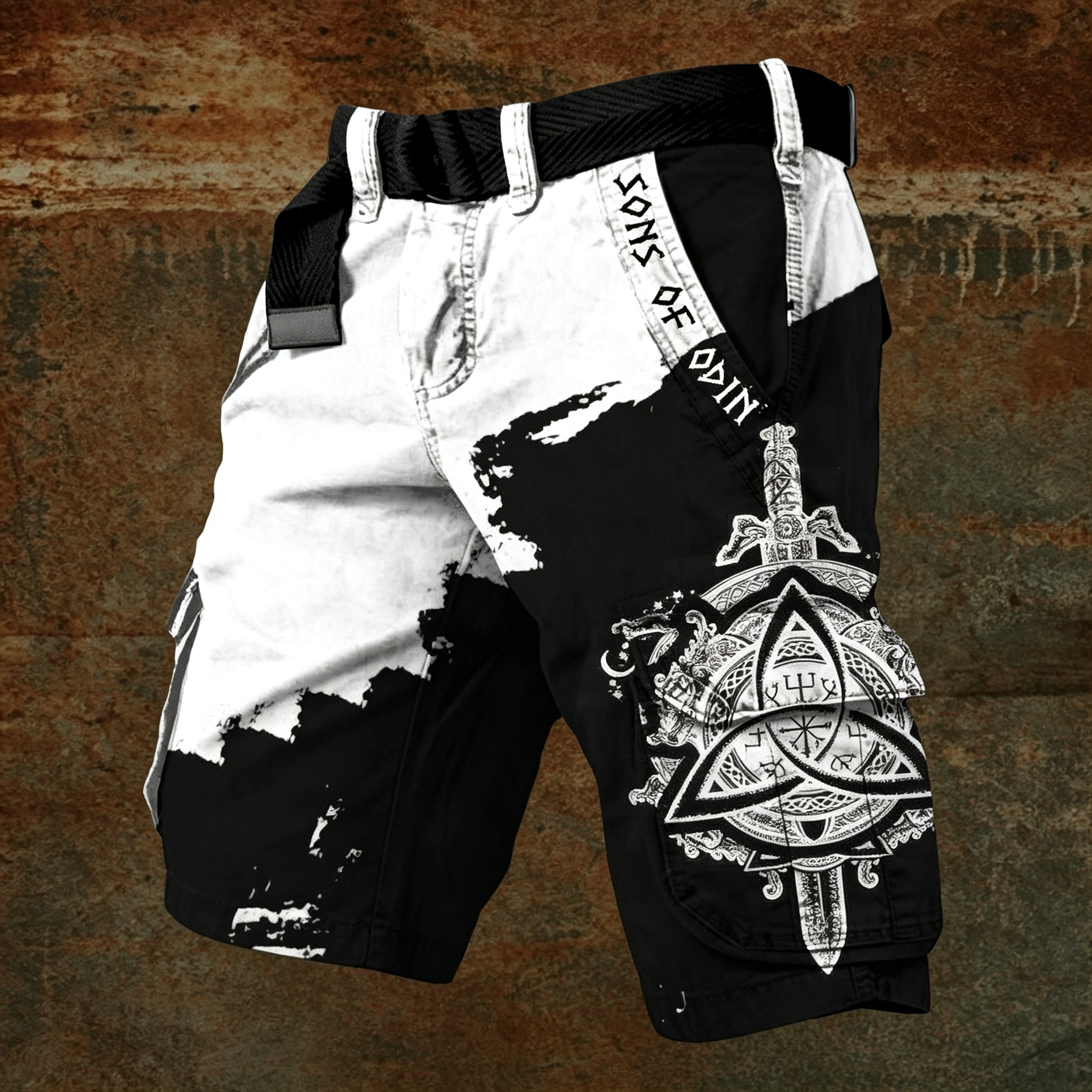 Norse Viking Fenrir Wolf Graphic Men's Belted Cargo Shorts