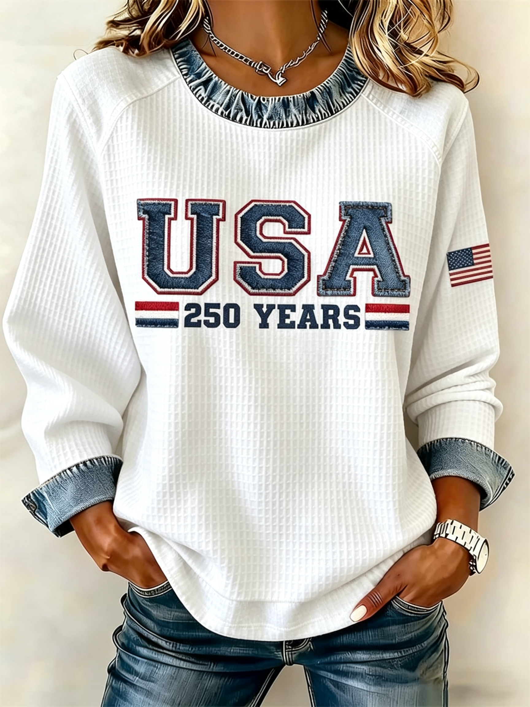 Women's USA 250 Years Denim Patch Waffle Knit Long Sleeve Sweatshirt