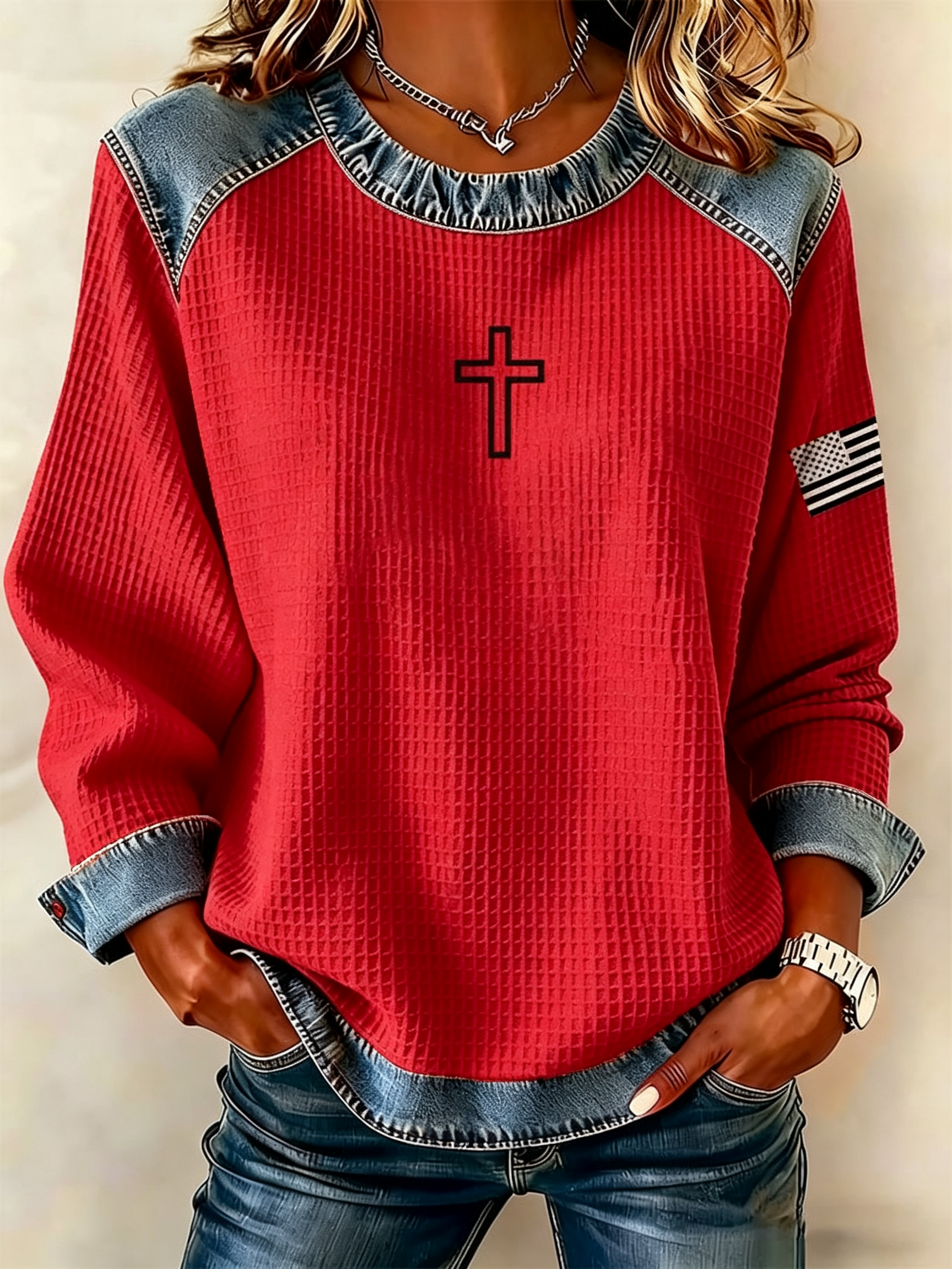 Minimal Cross & Sleeve Flag Print Denim Patch Shoulder Long Sleeve Blouse