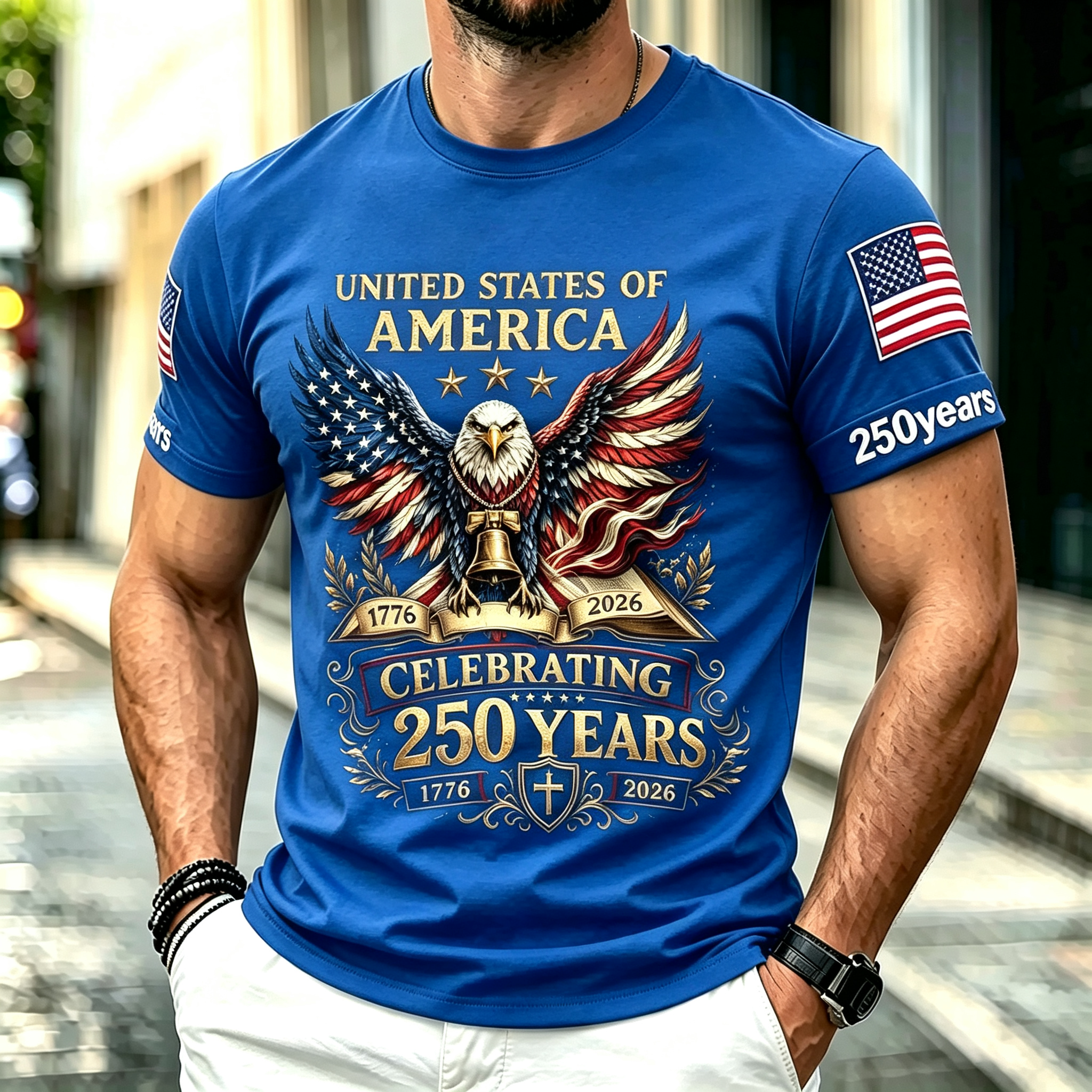 Retro Patriotic Eagle Wing American Flag Sleeve Print Men's Casual Short Sleeve Top
