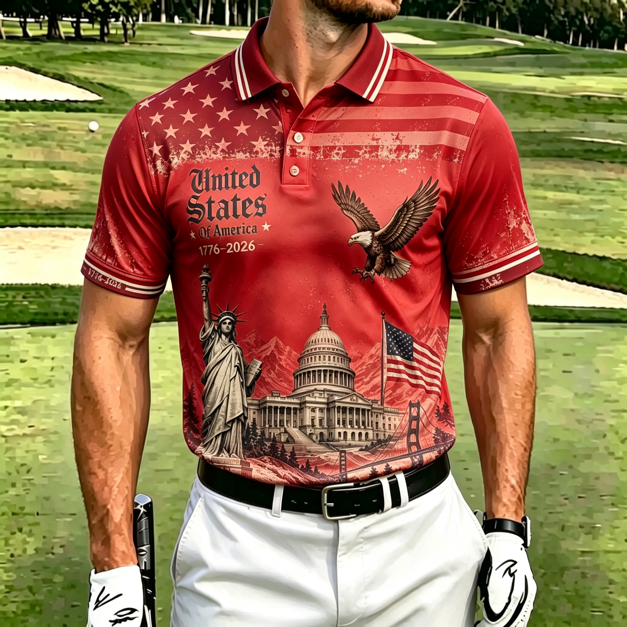 Men's Vintage USA Landmark Eagle Star Stripe Print Short Sleeve Polo Shirt